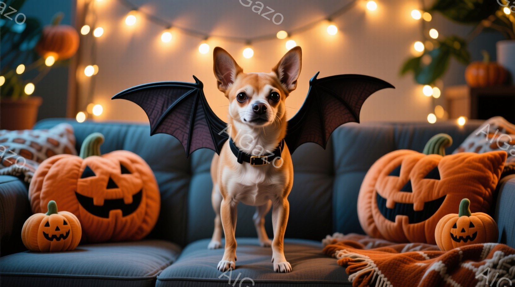 白いチワワがハロウィーンの翼をつけてソファーに座っています。背景にはオレンジ色のジャック・オ・ランタンのクッションと毛布が置かれ、暖かい光が灯っています。全体的に、可愛らしくてお祝いムードいっぱいのハロウィーンの雰囲気です。