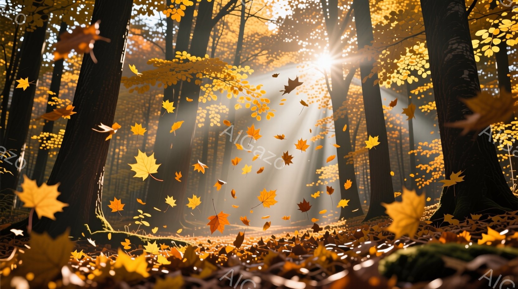鮮やかなオレンジと黄色の落ち葉が舞い散る、秋の森の風景です。木々の間から差し込む光線が、地面の落ち葉を照らし、幻想的な雰囲気を醸し出しています。背景はうっそうとした木々に覆われ、暖かく、落ち着いた秋の - AI生成フリー素材