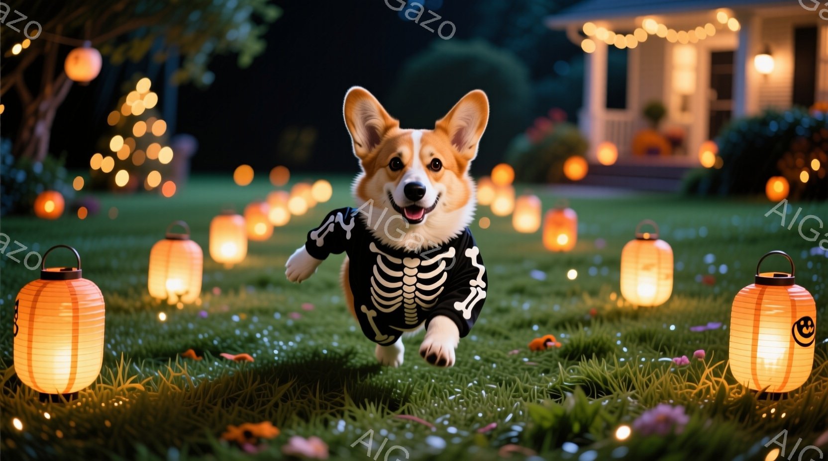 可愛らしいコーギー犬が、ハロウィーンらしい骨柄の衣装を着て、緑の芝生の上を元気に駆け抜けています。背景には、温かい光を放つランタンや、ハロウィーンの飾り付けがされた家が見え、秋の夜の穏やかで楽しい雰囲 - AI生成フリー素材
