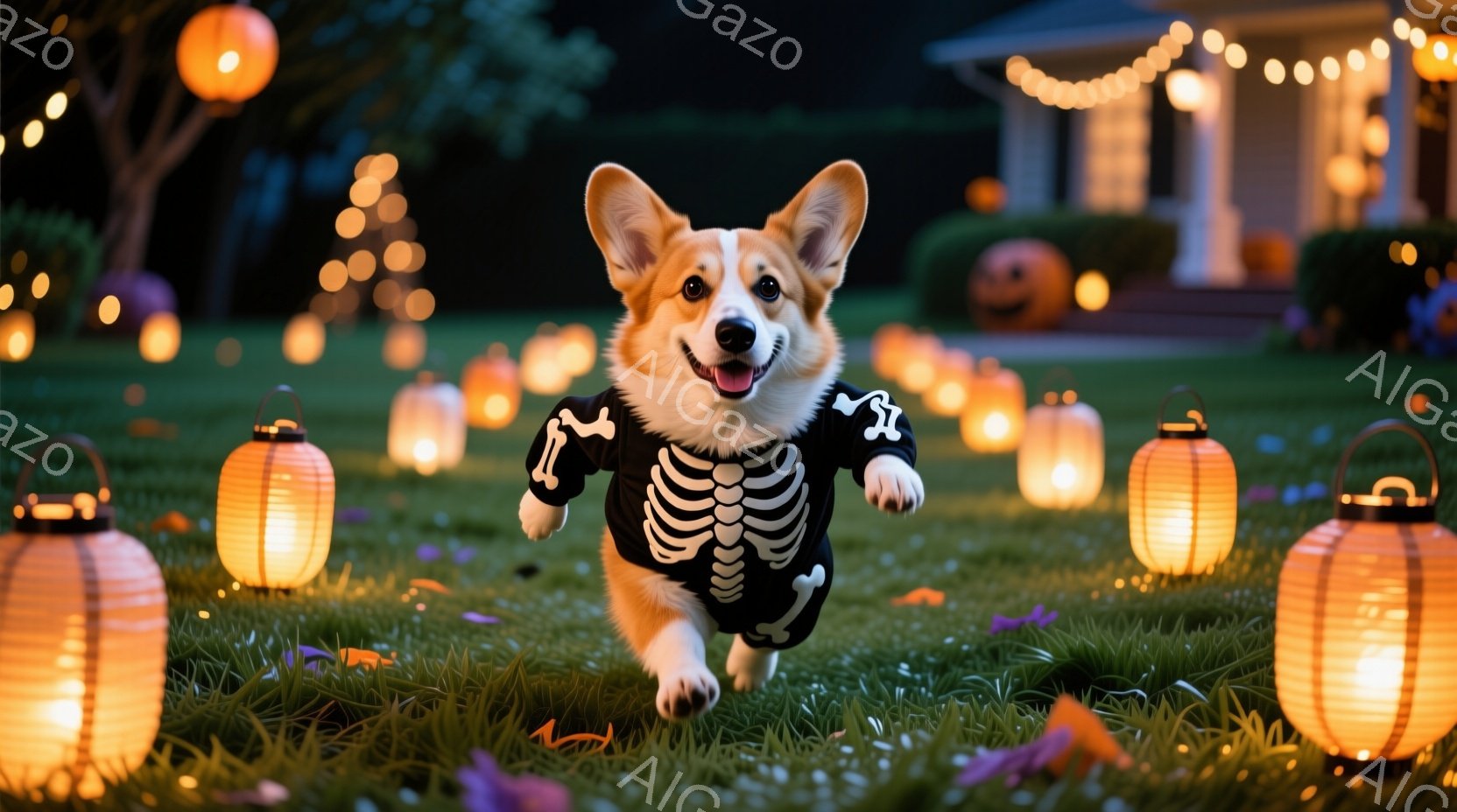 ハロウィーンの飾り付けがされた庭で、コーギーが骸骨のコスチュームを着て走り回っている。背景には、オレンジ色に光るランタン、ハロウィーンカボチャ、そしてライトアップされた家が見え、秋の夜の温かく楽しい雰 - AI生成フリー素材