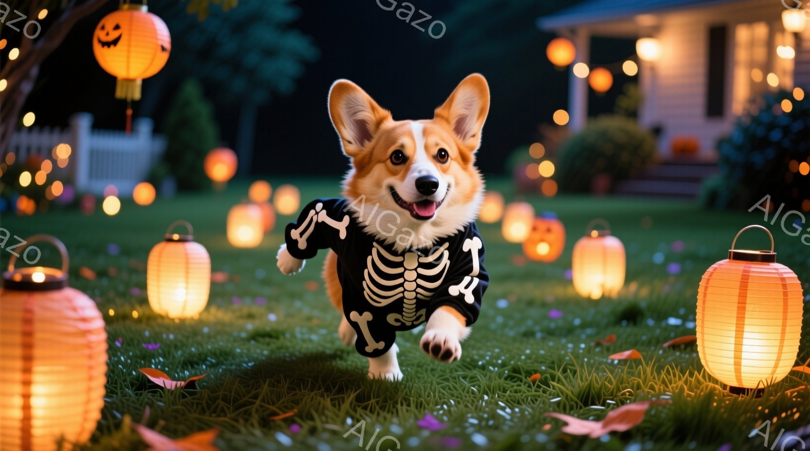 コルギ犬がハロウィーンの骨のコスチュームを着て、緑の芝生の上を走り去る姿が捉えられています。背景には、オレンジ色の光を放つランタンや、ハロウィーンの飾り付けがされた家が見え、秋の夜の温かく幻想的な雰囲気を醸し出しています。犬は嬉しそうに前を見つめ、その活発な動きがハロウィーンの楽しさを表現しています。