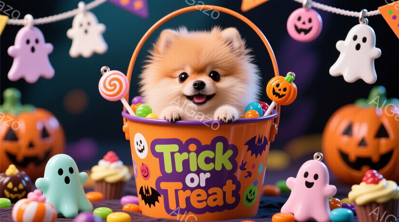 ポメラニアンの子犬がハロウィーンのバケツに座っており、周りにはキャンディーやカップケーキなどのハロウィーンのお菓子が散りばめられています。背景には、お化け、カボチャのランタン、そして色とりどりのハロウ - AI生成フリー素材