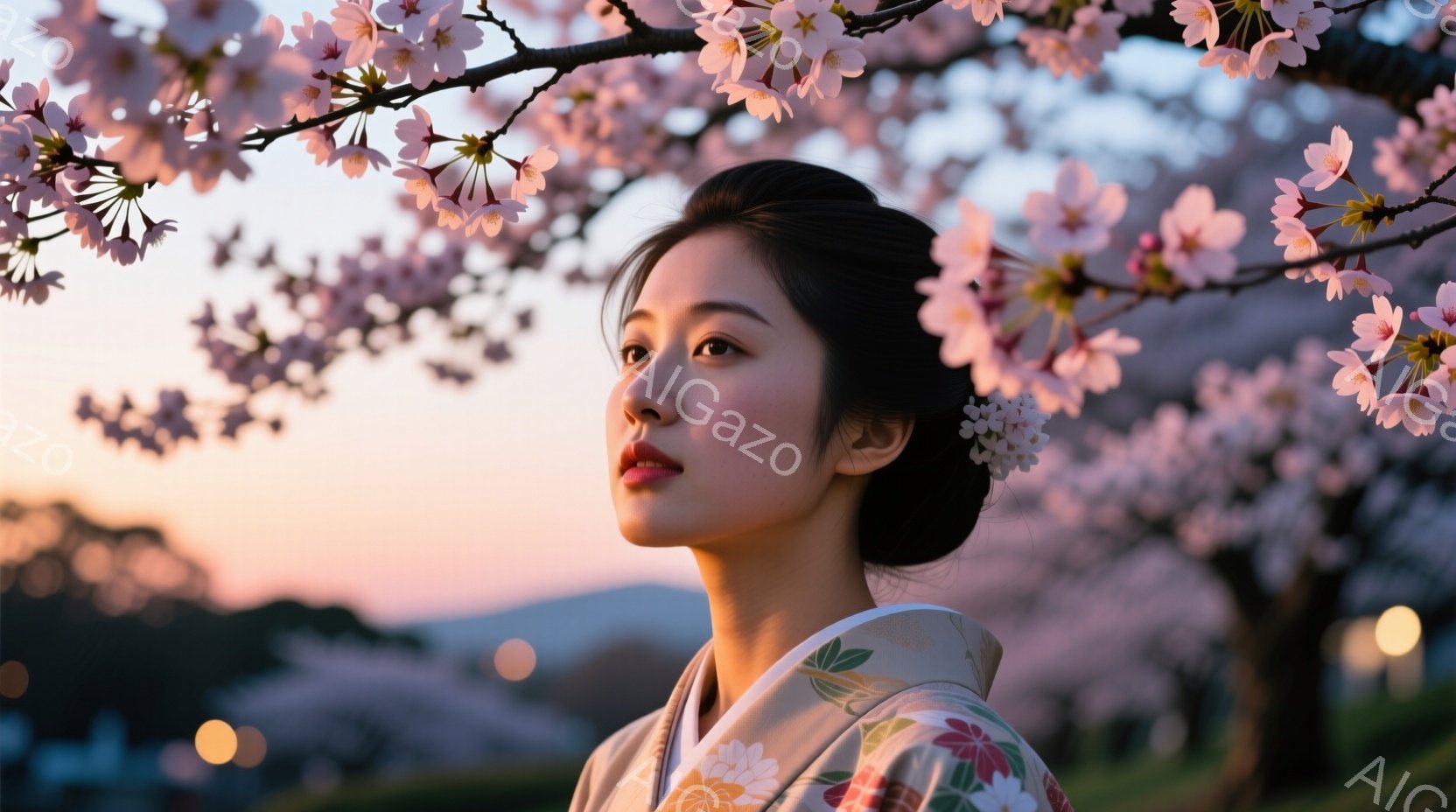 桜並木の美しい背景に、着物を着た若い女性が写っている。彼女は髪を高くまとめ、装飾を施しており、穏やかな表情で遠くを見つめている。背景にはぼやけた桜並木と夕焼けの空が広がり、静かで優雅な雰囲気を醸し出し - AI生成フリー素材