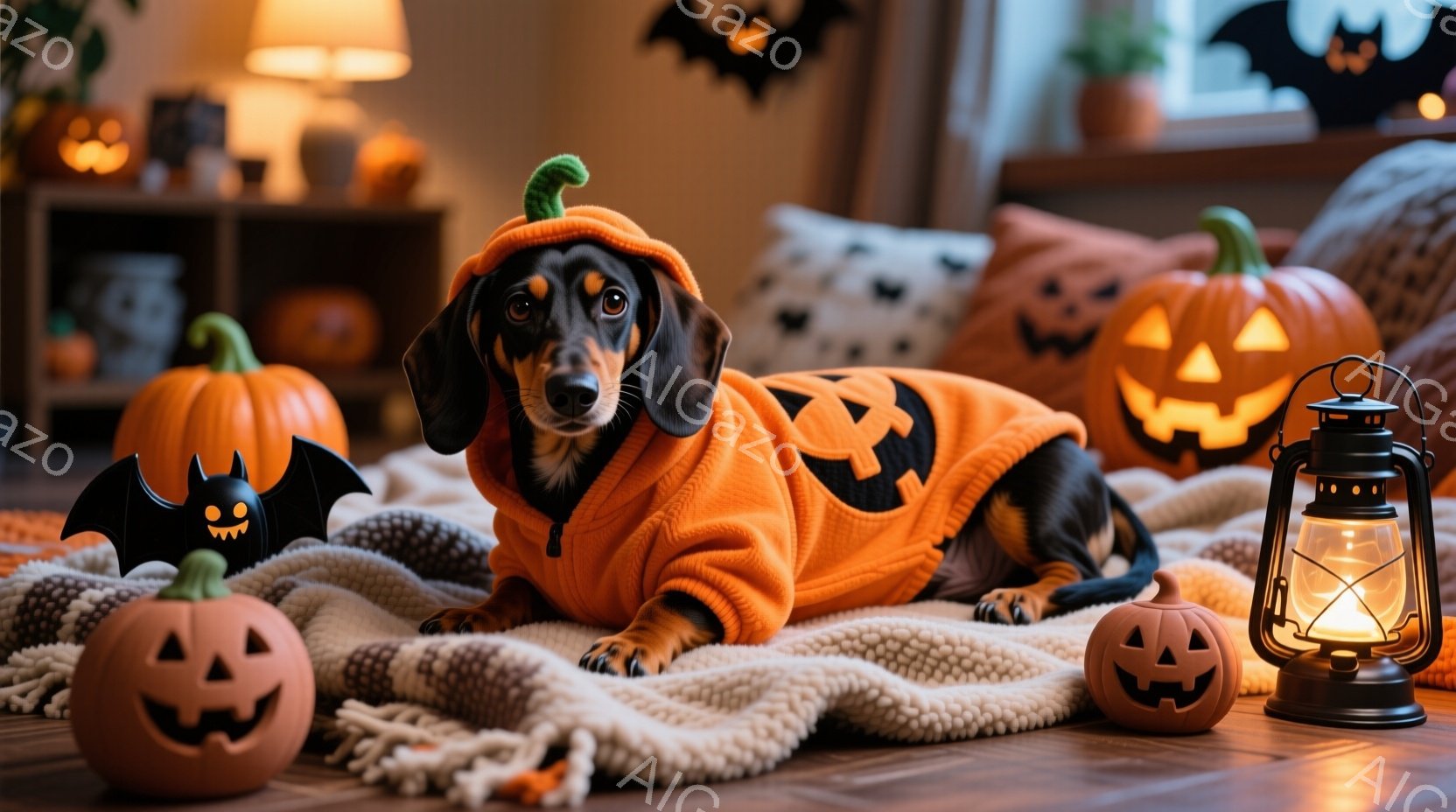 ダックスフンドがハロウィーンをテーマにしたオレンジ色の衣装を着て、毛布の上に横たわっています。犬はリラックスした表情で、周囲には様々な大きさのジャック・オー・ランタンとコウモリの飾り、そして灯りが灯されたランタンが置かれています。室内は暖かく、ハロウィーンの装飾が施されており、お祝いムード満点の空間となっています。
