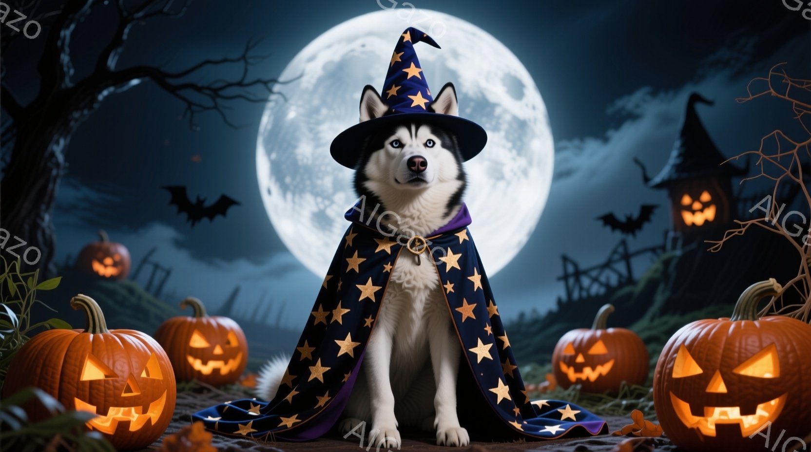 シベリアンハスキーが、星が刺繍された黒いマントと先のとがった帽子を身につけて座っています。表情は穏やかで、ハロウィンの準備万端といった様子です。背景には、月明かりに照らされたハロウィンの飾り付け、カボ - AI生成フリー素材