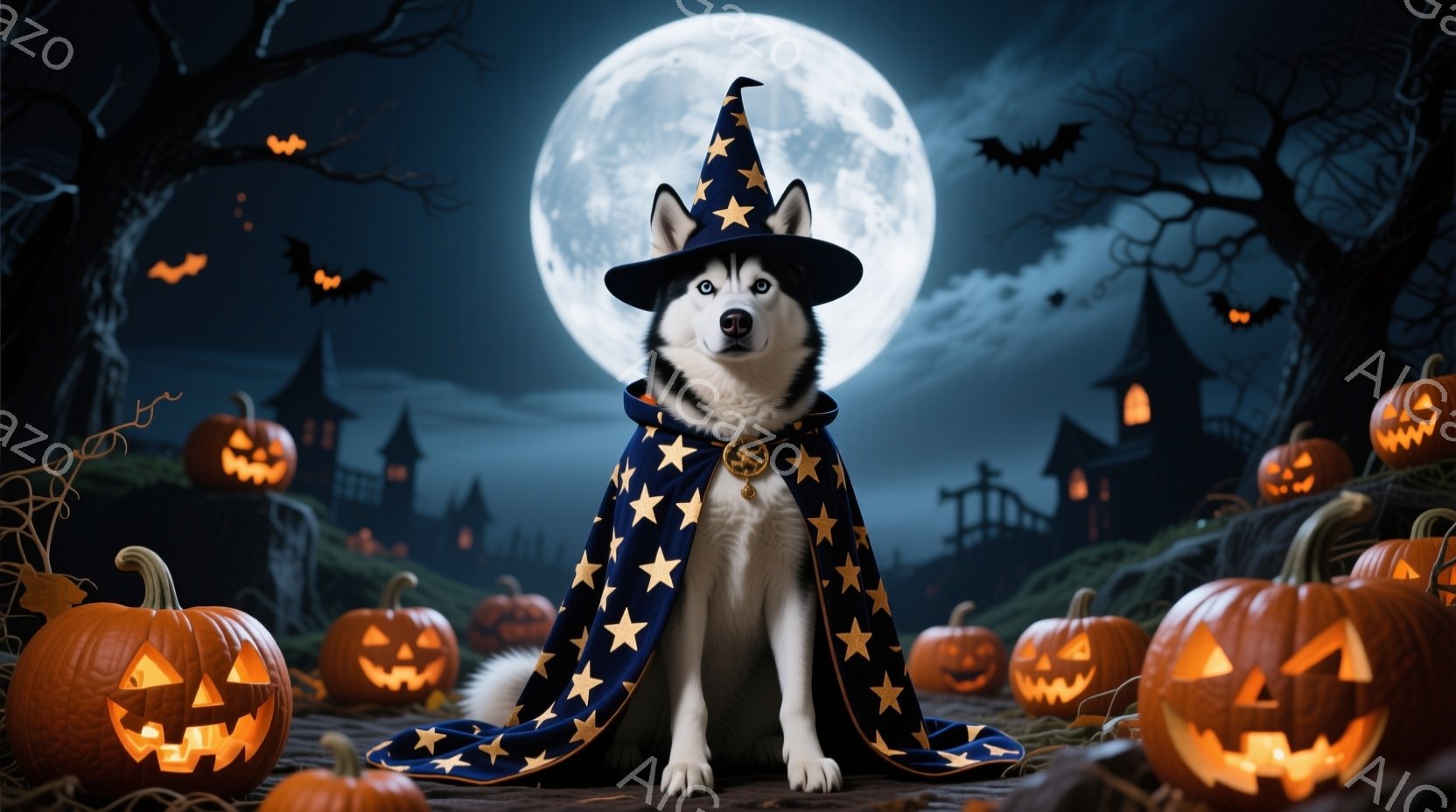 シベリアンハスキーが魔女の帽子と星柄のケープを身につけ、堂々と座っています。背景には、ハロウィーンのランタンが輝く丘と、暗い空に浮かぶ満月、シルエットで描かれたお城とコウモリが見えます。 全体的に、ハ - AI生成フリー素材