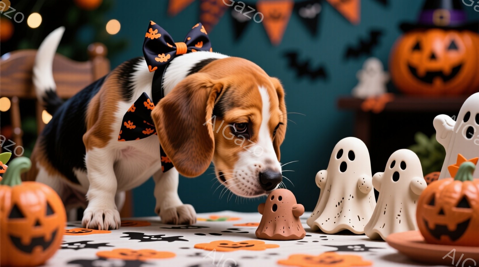 ハロウィーンの装飾が施された背景に、ビーグル犬がいます。犬はオレンジと黒のハロウィーン柄のバンダナを首に巻き、テーブルに置かれたハロウィーンの置物である小さな幽霊の形をしたクッキーを嗅いでいます。背景には、カボチャのランタンや幽霊の置物が置かれ、お祝いの雰囲気が漂っています。