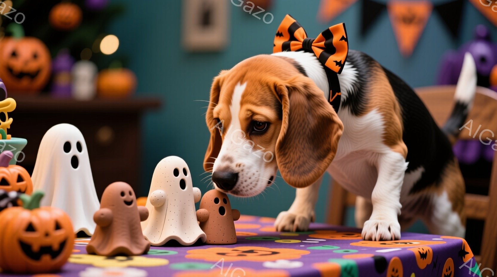 ハロウィーンの装飾が施されたテーブルの前に、首輪につけたオレンジと黒の蝶結びのリボンをつけたビーグル犬がいます。犬はテーブルの上の幽霊やカボチャの置物を鼻でそっと突いており、興味津々な表情をしています - AI生成フリー素材