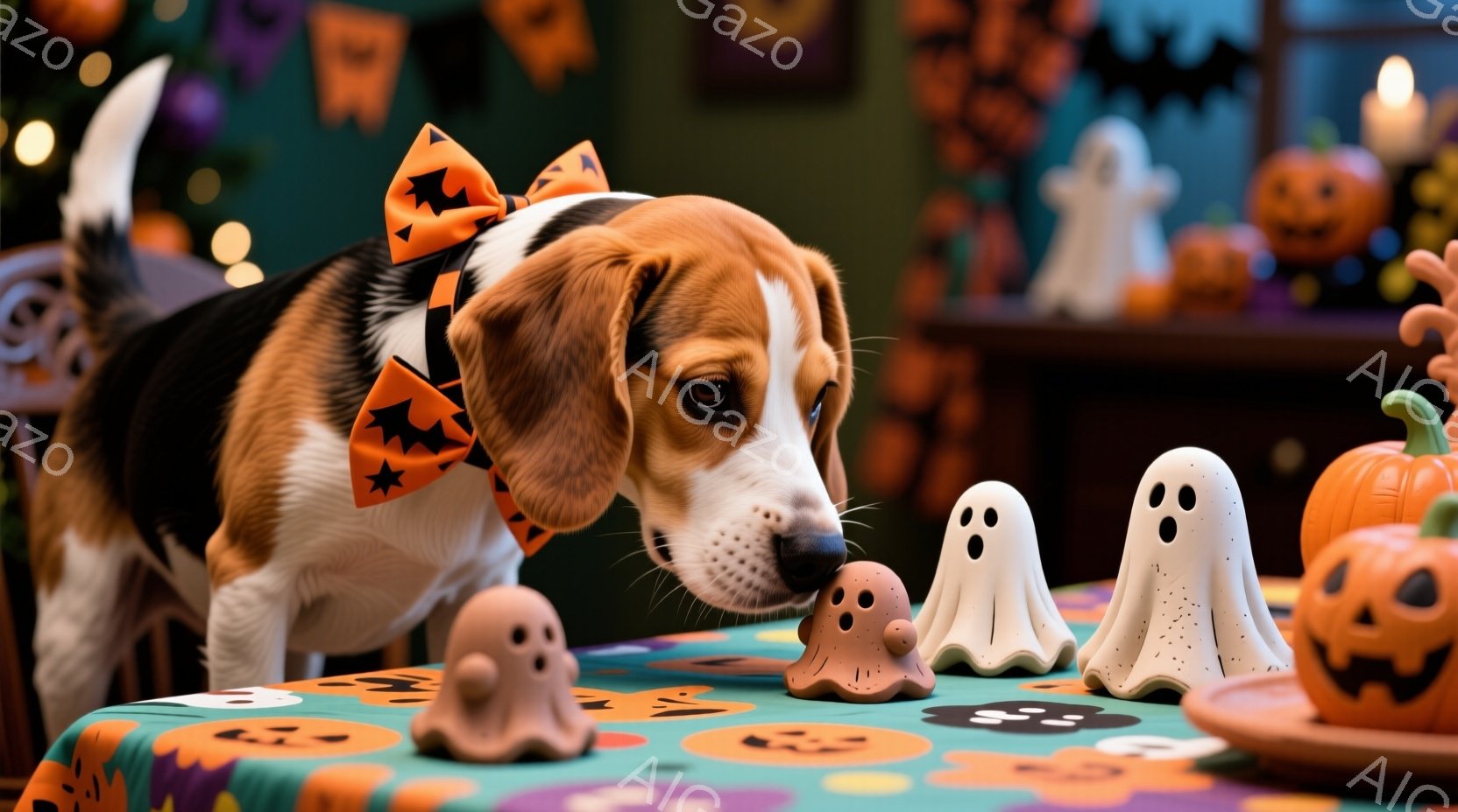 茶色と白のビーグル犬が、ハロウィーンの装飾が施されたテーブルの上にあるお化けの置物とカボチャの置物を興味津々に見つめています。犬はオレンジ色のハロウィーン風の蝶ネクタイを付けており、テーブルクロスは緑 - AI生成フリー素材