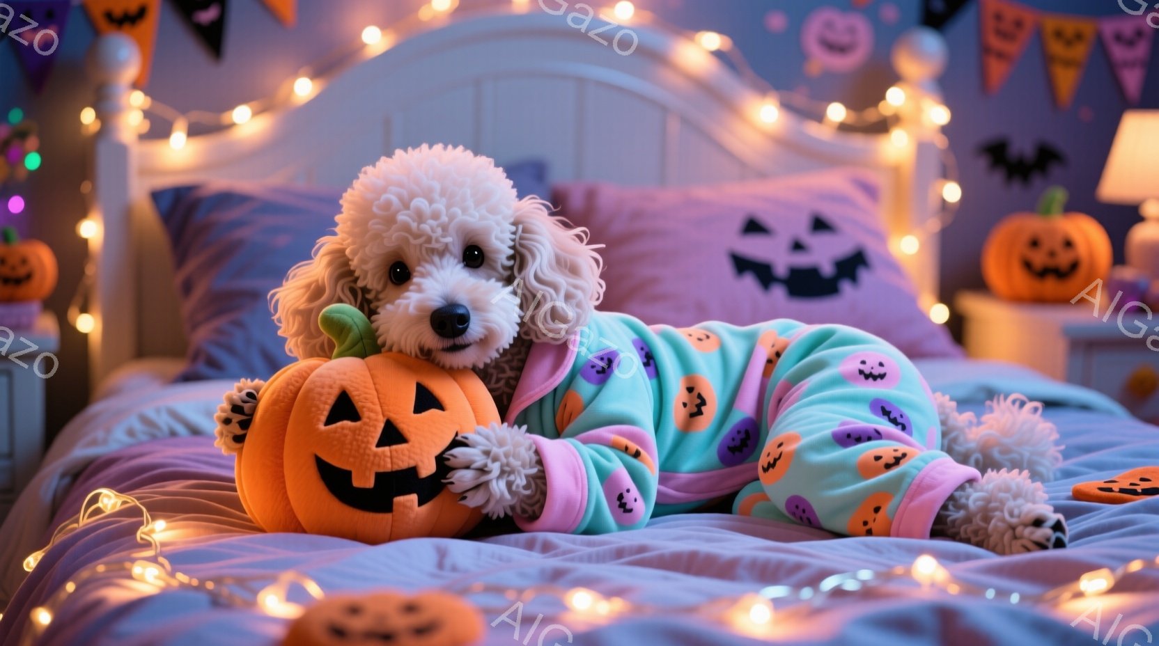 白い巻き毛の犬が、ハロウィーンをテーマにしたパステルカラーのパジャマを着てベッドに横たわっています。大きなカボチャのぬいぐるみを抱き、リラックスした表情でカメラを見ています。背景にはハロウィーンの装飾 - AI生成フリー素材