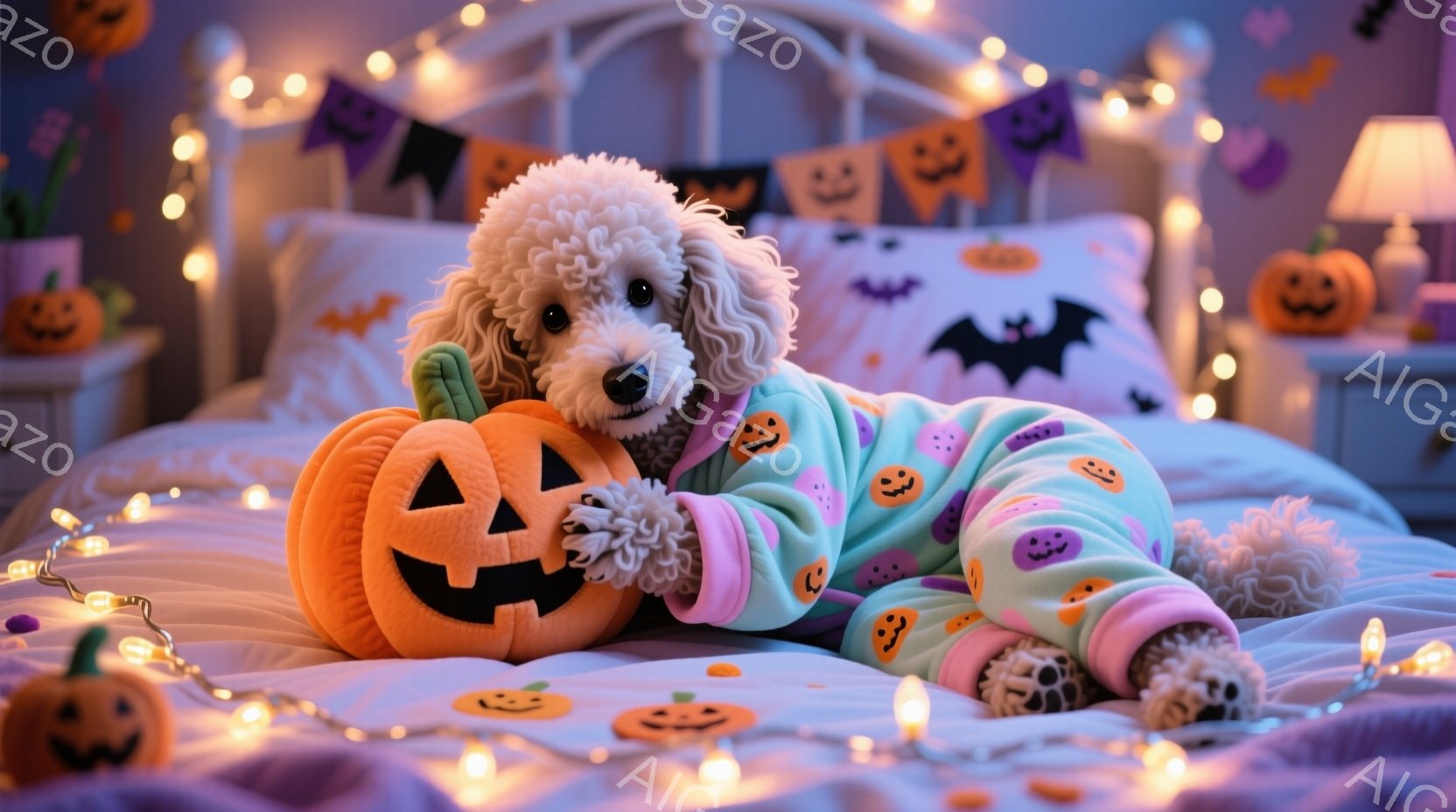 白い巻き毛の犬がハロウィーンをテーマにしたパジャマを着てベッドに横たわっています。パジャマは薄い緑色とピンク色のストライプで、カボチャの模様がついています。ベッドの周りにはオレンジ色のカボチャの装飾が - AI生成フリー素材