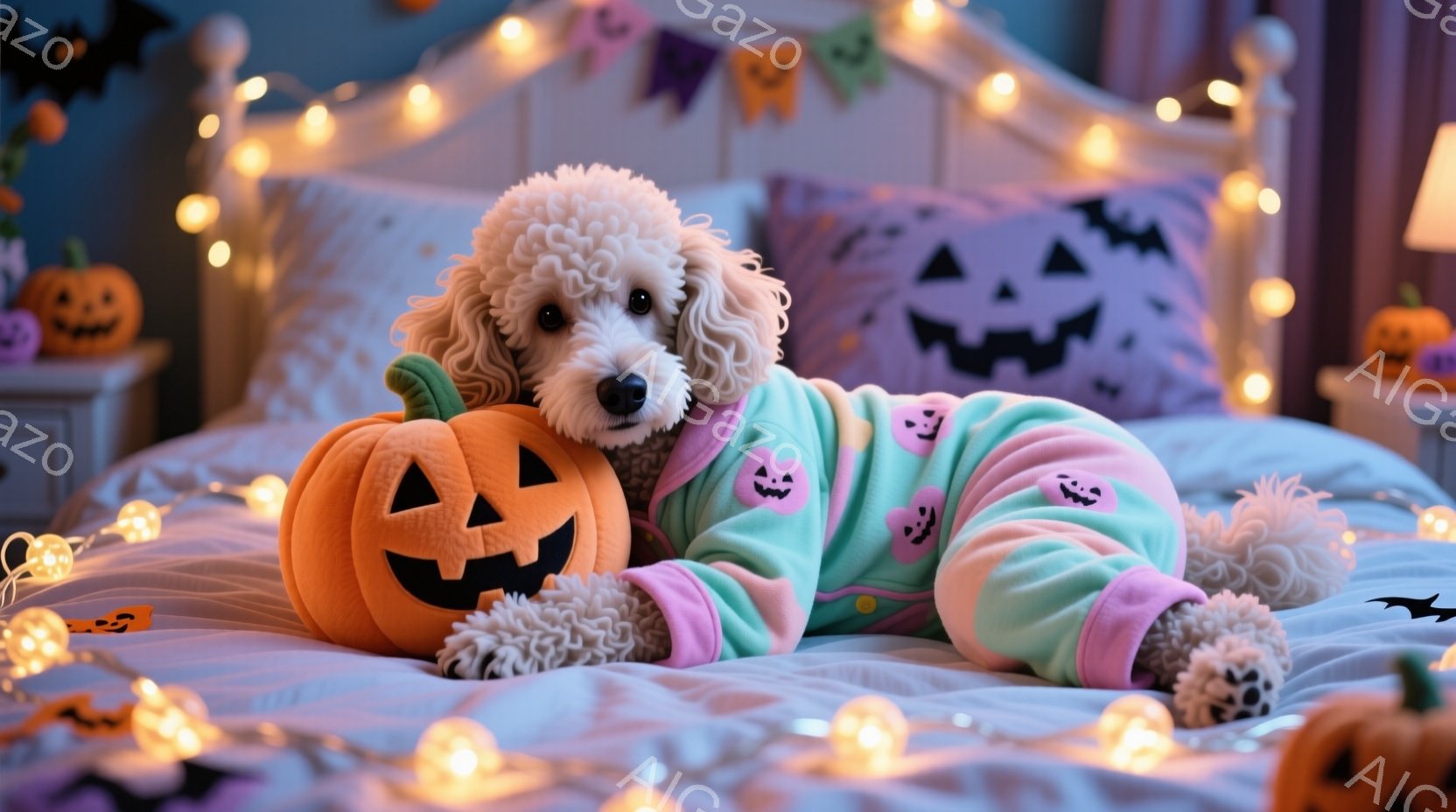 白い巻き毛の犬が、ハロウィーンをテーマにした水色のパジャマを着てベッドに横たわっています。頭にはジャック・オー・ランタン型の帽子をかぶり、リラックスした表情で穏やかな雰囲気を醸し出しています。背景には - AI生成フリー素材