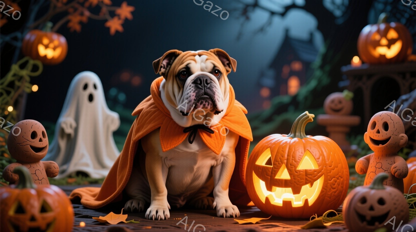 堂々としたブルドッグが、ハロウィーンをテーマにした背景の中で座っています。オレンジ色のマントを羽織り、真剣な表情で正面を見つめています。周囲にはジャック・オー・ランタンや幽霊、かわいらしいモンスターの人形が配置され、夜の森を思わせる暗く幻想的な雰囲気が漂っています。