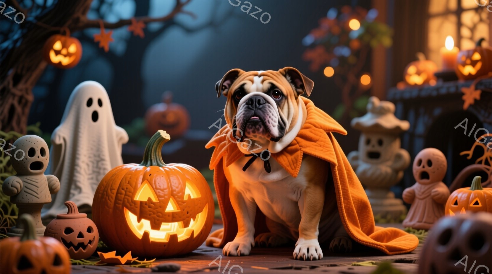 屈強なブルドッグがカボチャの衣装をまとい、大きなカボチャの前に座っている。周囲には、お化けや小さなカボチャの置物、そしてハロウィーンの装飾が施された建物がぼんやりと見え、薄暗く神秘的な夜の雰囲気を醸し出している。全体的に、ハロウィーンを祝う楽しい、少し不気味な光景が描かれている。