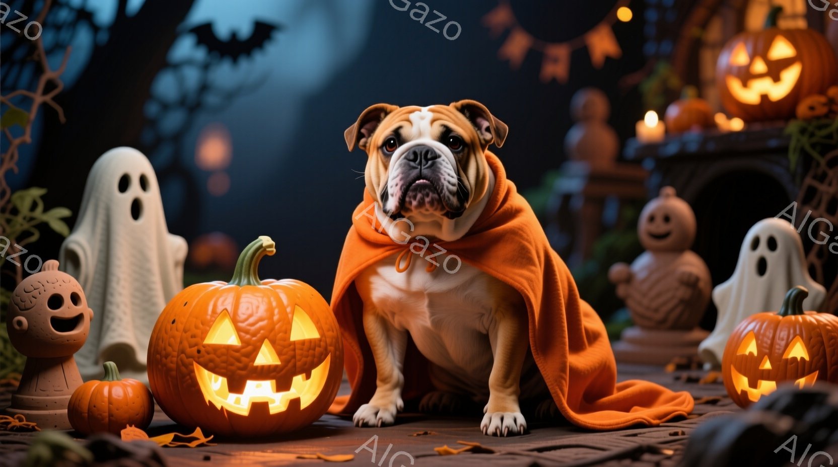 ブルドッグがオレンジ色のマントを羽織り、ハロウィーンの飾り付けに囲まれて座っています。背景には、笑った顔の彫刻が施されたカボチャのランタンや幽霊が配置され、暗い夜のハロウィーンの雰囲気を醸し出しています。カボチャのランタンからはオレンジ色の光が灯り、全体的に幻想的で楽しい雰囲気が漂っています。