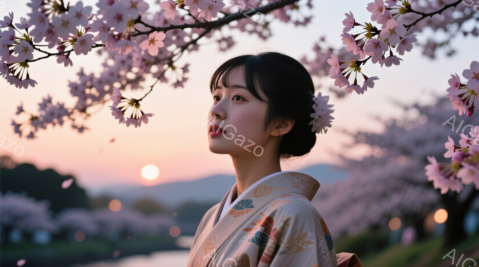 彼女はクリーム色の古典的な着物を着ており、肩と袖には金色の繊細な模様が描かれています。黒髪は後ろでまとめられ、顔には穏やかな微笑みが浮かんでいます。背景には、桜の花が咲き誇り、夕焼け空とぼやけた風景が - AI生成フリー素材