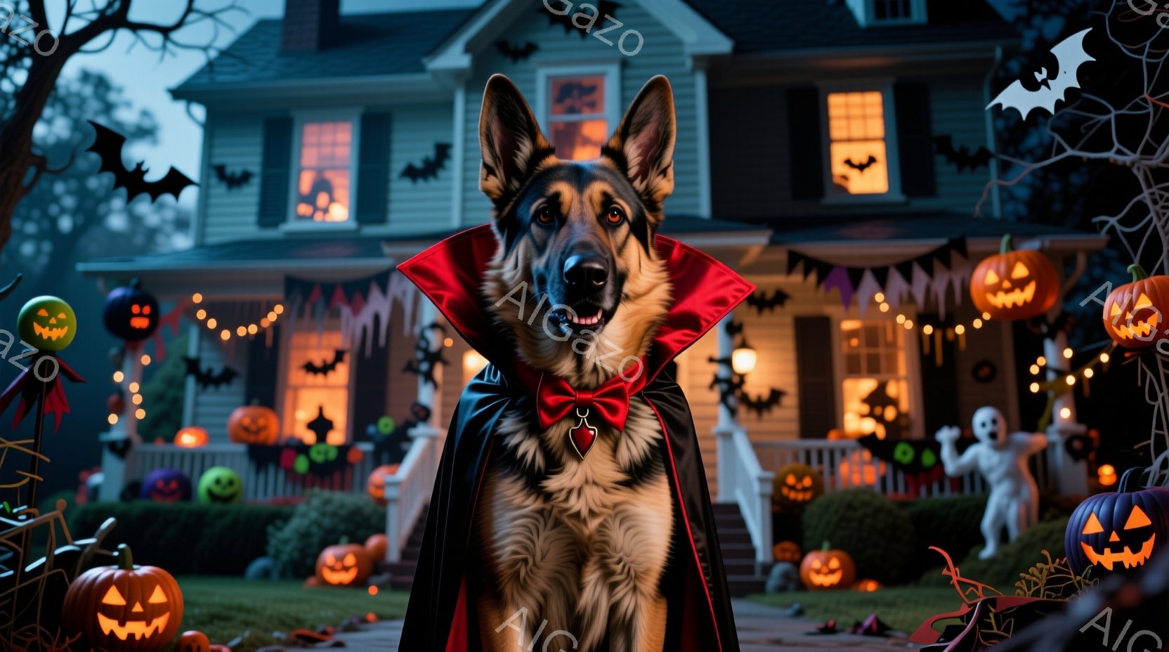 ドイツシェパード犬が、ハロウィーンの夜に吸血鬼のコスチュームを着て正面を見つめている。黒いマントと赤いリボンタイをつけ、少し口を開けて笑顔を見せている。背景には、オレンジ色のジャック・オー・ランタンや - AI生成フリー素材