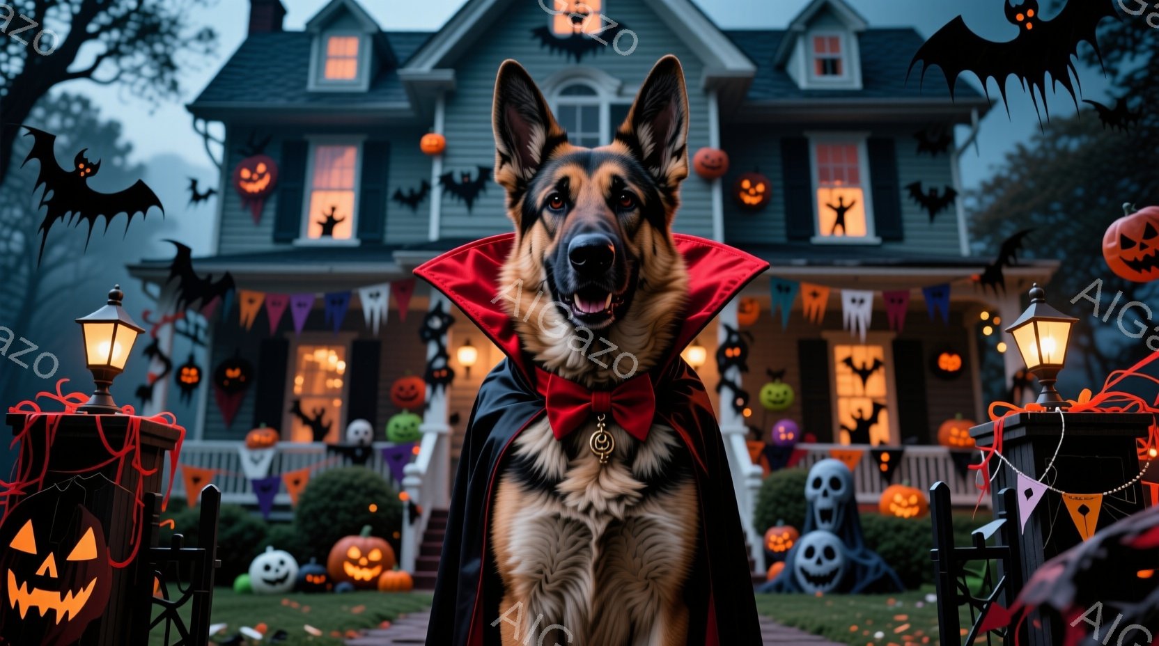 ドイツシェパードがハロウィーンの衣装である黒いマントと赤い襟を身に着けて正面を見つめています。その表情は嬉しそうで、少し口を開けています。背景には、カボチャや骸骨で飾られたハロウィーンの家があり、夜空 - AI生成フリー素材