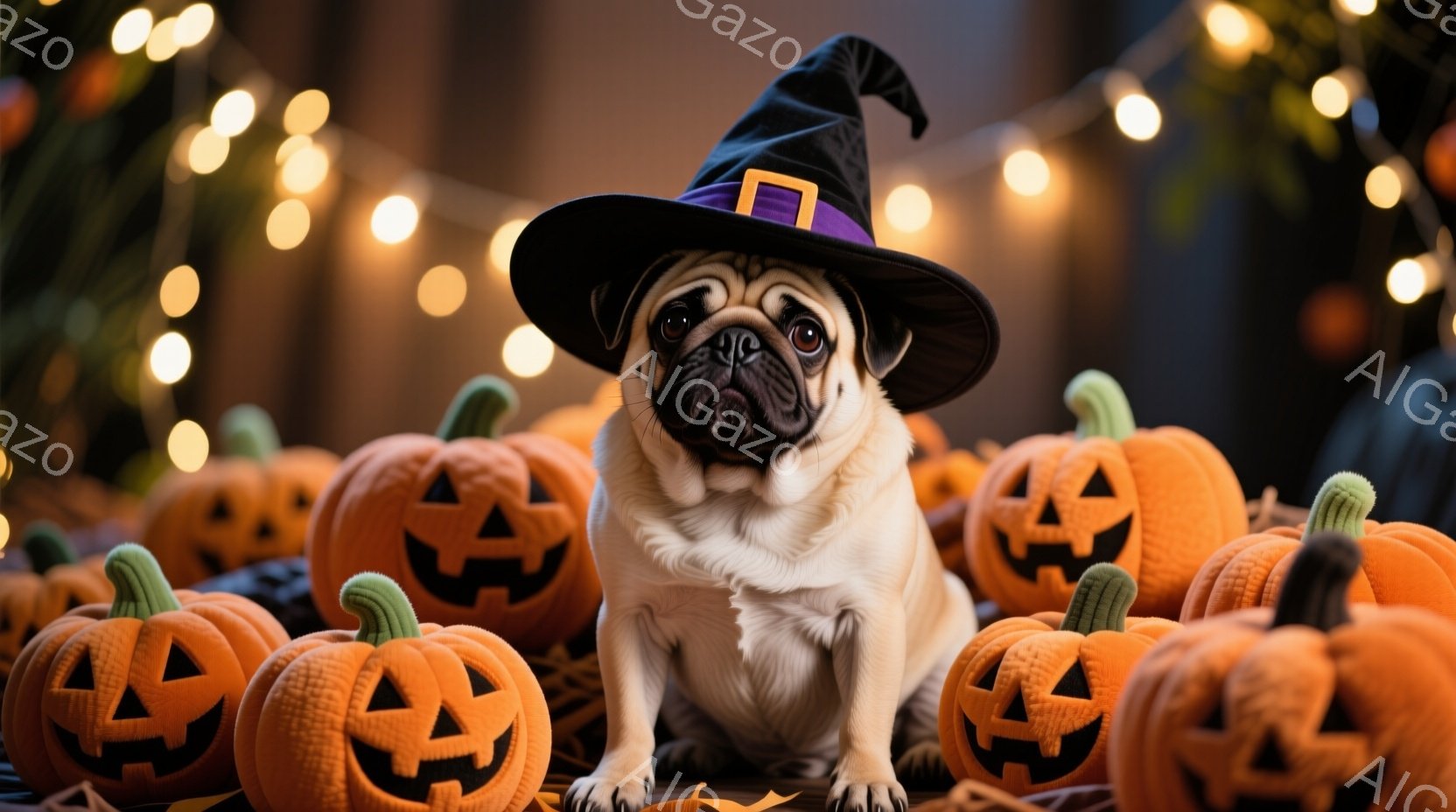 ベージュ色のパグがハロウィーンの魔女帽子をかぶり、彫刻されたジャック・オー・ランタンに囲まれて座っています。パグは前を見つめ、少し困ったような表情をしています。背景にはぼやけたライトストリングがあり、 - AI生成フリー素材