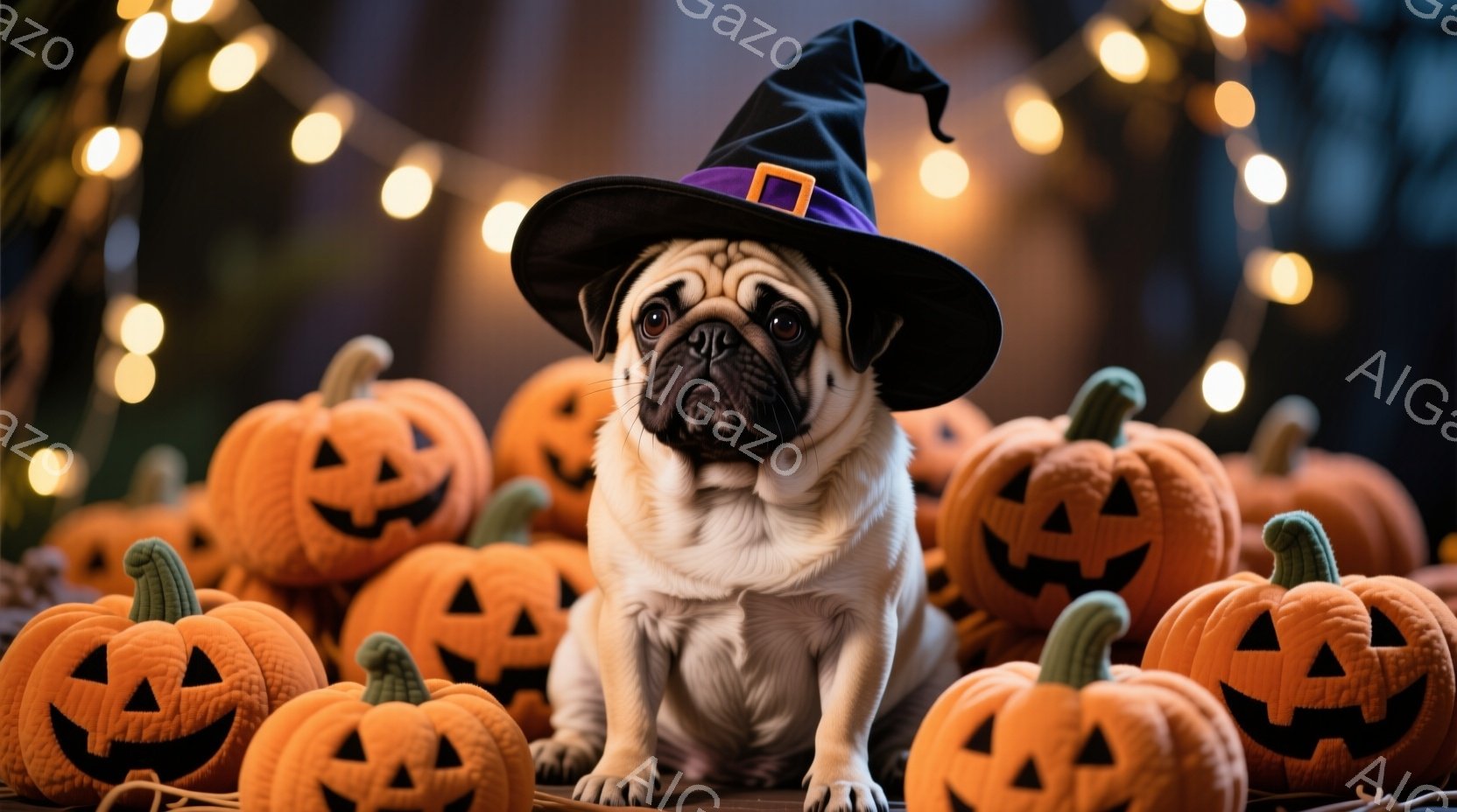 白いパグがハロウィーンの魔女帽子をかぶり、彫刻されたジャック・オー・ランタンに囲まれて座っています。パグは少し困ったような表情で正面を見つめており、背景にはぼんやりとした温かい光が灯っています。全体的に、可愛らしく、お祝いムードいっぱいのハロウィーンの雰囲気です。