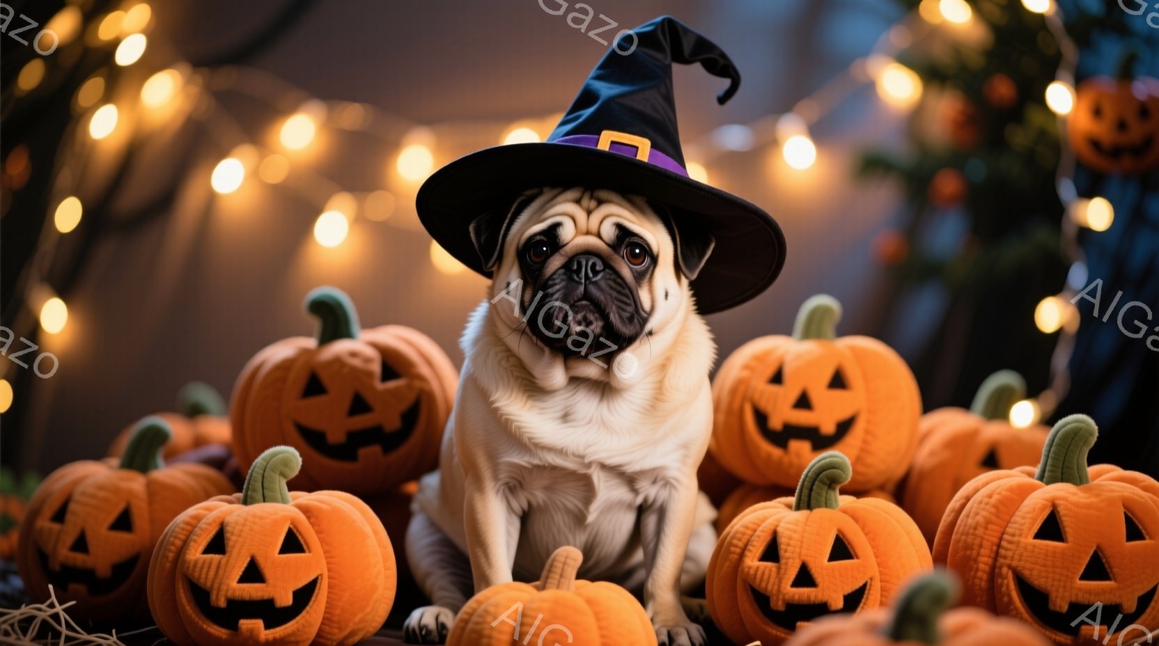 愛らしいパグがハロウィーンの魔女帽子をかぶって座っています。周りにはたくさんのジャック・オ・ランタンが置かれ、背景にはぼやけたオレンジ色の光が点在しています。全体的に暖かく、お祝いの雰囲気で、ハロウィ - AI生成フリー素材