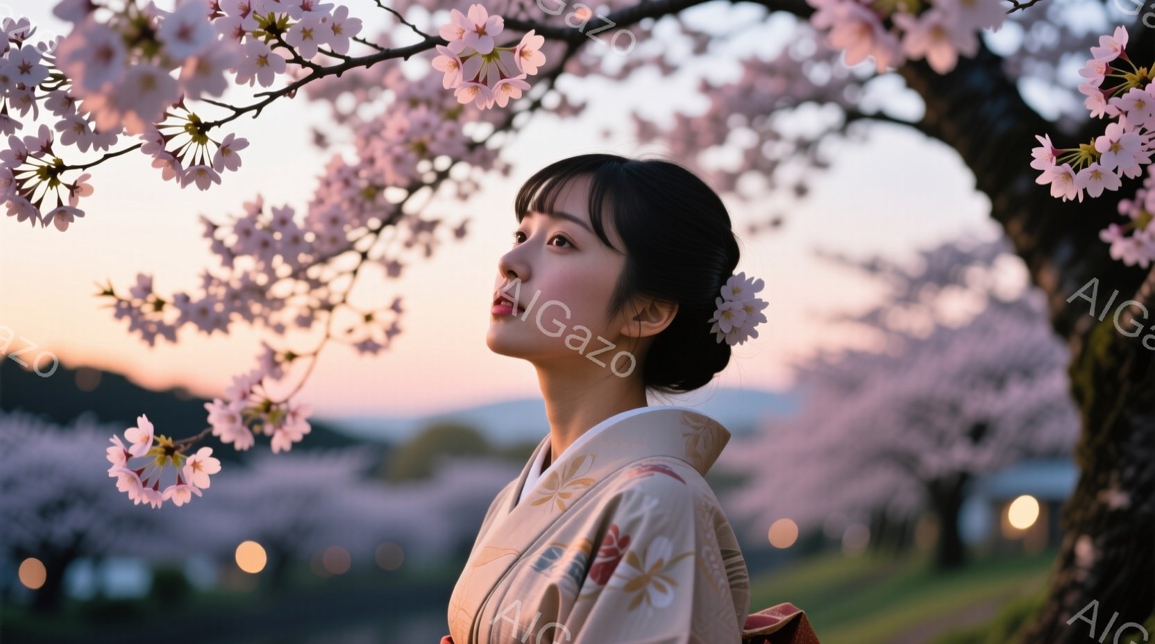 白い地に赤い模様が描かれた上品な着物を身につけ、髪を後ろでまとめ、白い花をあしらった女性が写っている。彼女は少し上を見上げ、どこか物憂げな表情をしている。背景には桜並木が広がり、薄明かりの中で幻想的な - AI生成フリー素材