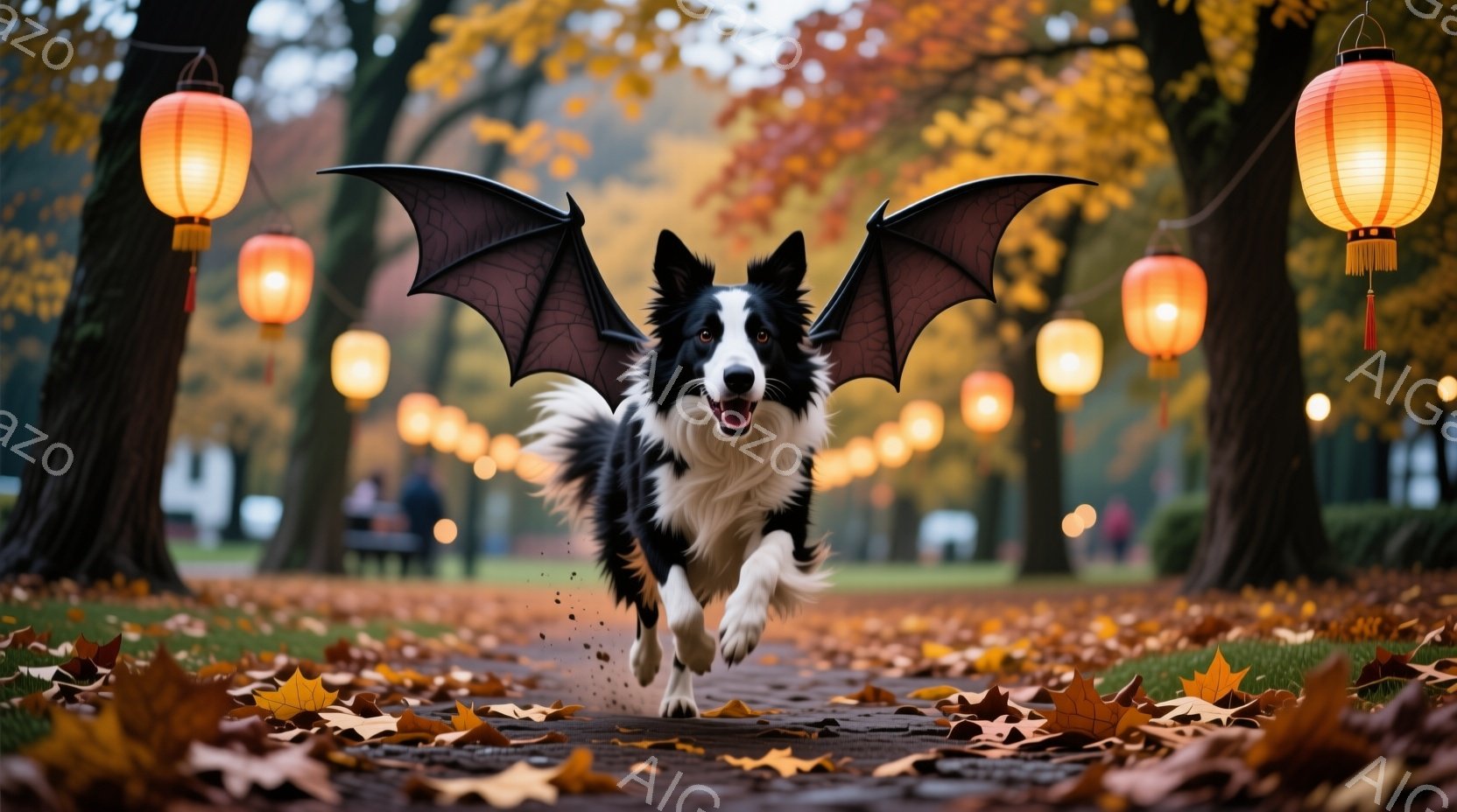 黒と白のボーダーコリーが、まるで翼が生えたかのように走り去る姿が捉えられています。背景には秋色の落ち葉が散りばめられた遊歩道と、オレンジ色の提灯が並ぶ並木道が広がっており、ハロウィンのような雰囲気を感 - AI生成フリー素材