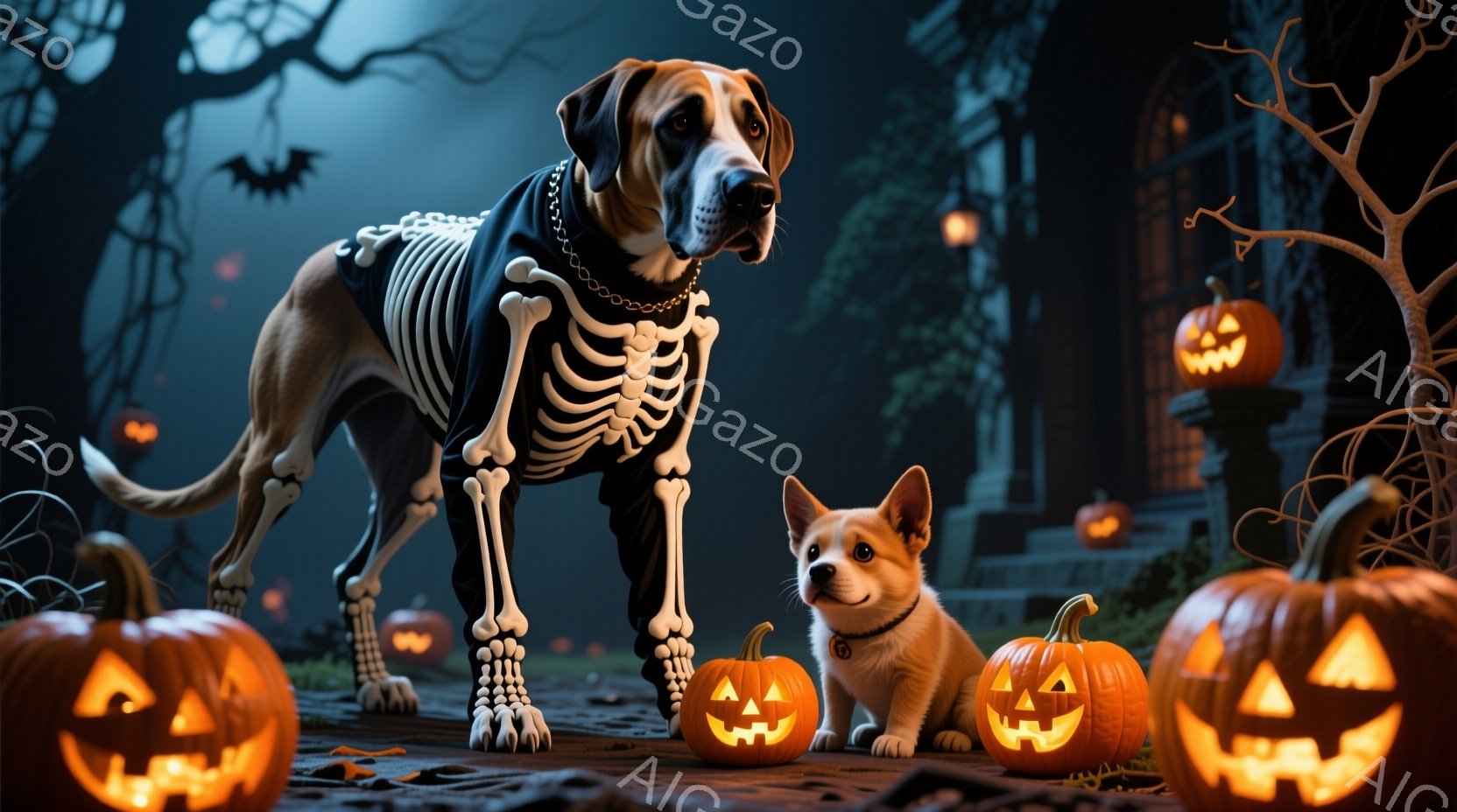 ハロウィーンの夜、大きな犬と小さな犬がカボチャに囲まれて立っています。大きな犬は骸骨のコスチュームを着ており、小さな犬は赤い首輪をつけています。背景には、不気味な建物や木々、そして浮かぶカボチャのラン - AI生成フリー素材