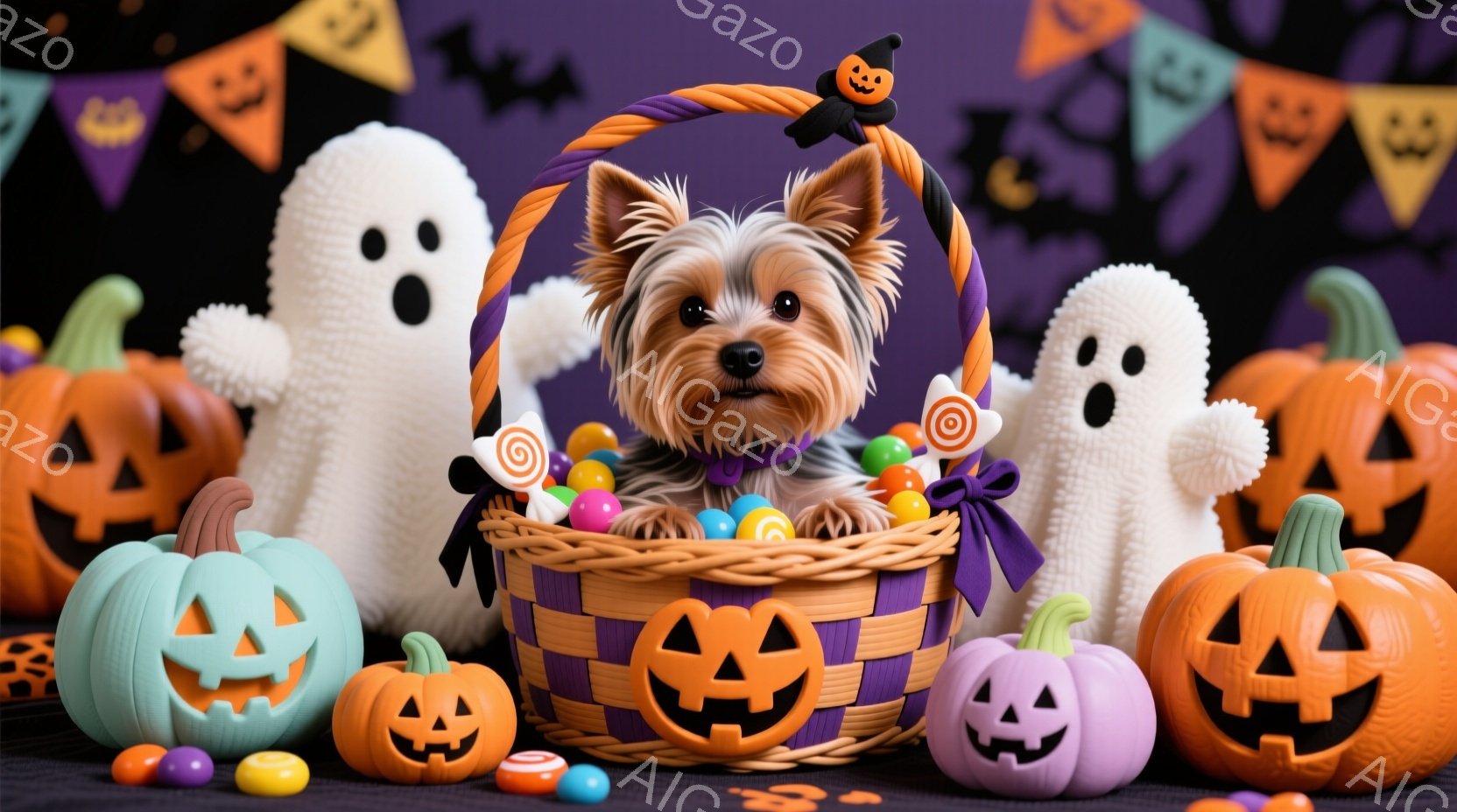 ヨークシャーテリアの子犬が、ハロウィーンをテーマにしたバスケットの中に座っています。周りにはカラフルなキャンディーと、パステルカラーのジャック・オー・ランタンや可愛らしいお化けが配置され、背景にはハロ - AI生成フリー素材