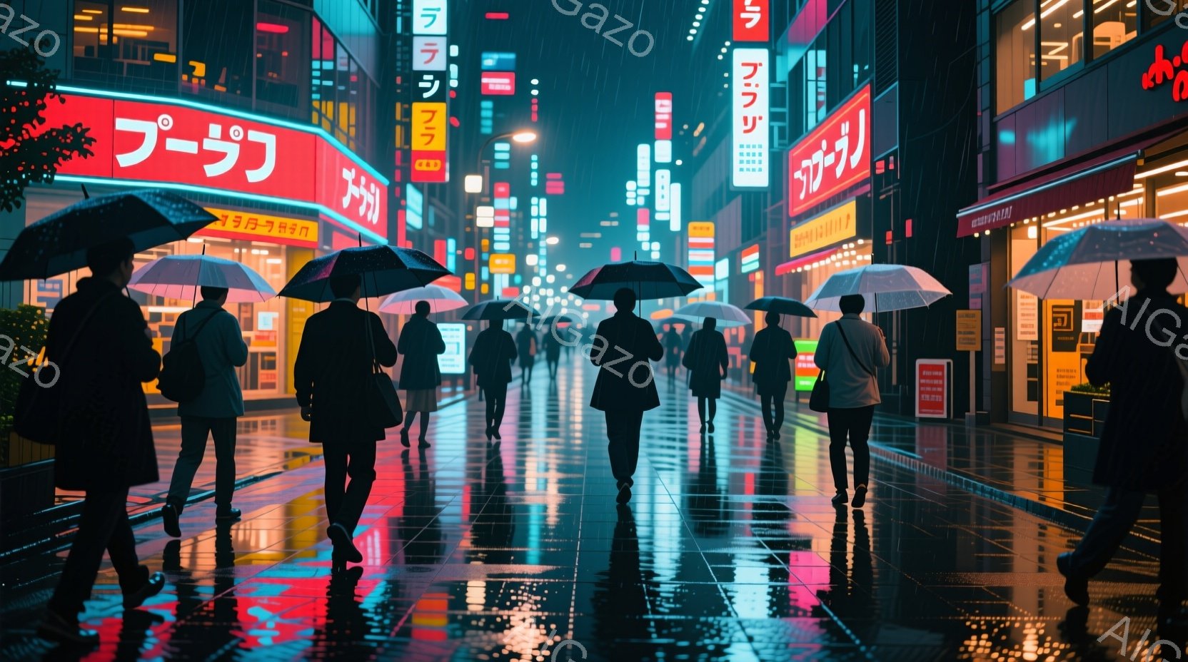 雨の夜の都市の通りを、多くの人々が傘を差して歩いている。人々はシルエットで表現され、黒いコートやスーツを着ているのがわかる。背景にはネオンサインが輝き、濡れたアスファルトに反射して幻想的な雰囲気を醸し出している。