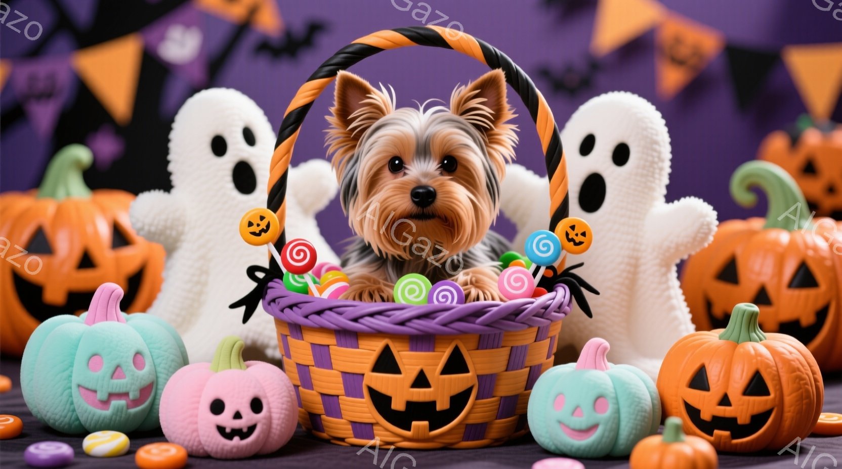 小さなヨークシャーテリアが、ハロウィーンの飾りがいっぱいのバスケットの中に座っています。周りには、お化け、カボチャのランタン、キャンディーが置かれており、ハロウィーンの楽しい雰囲気を醸し出しています。 - AI生成フリー素材