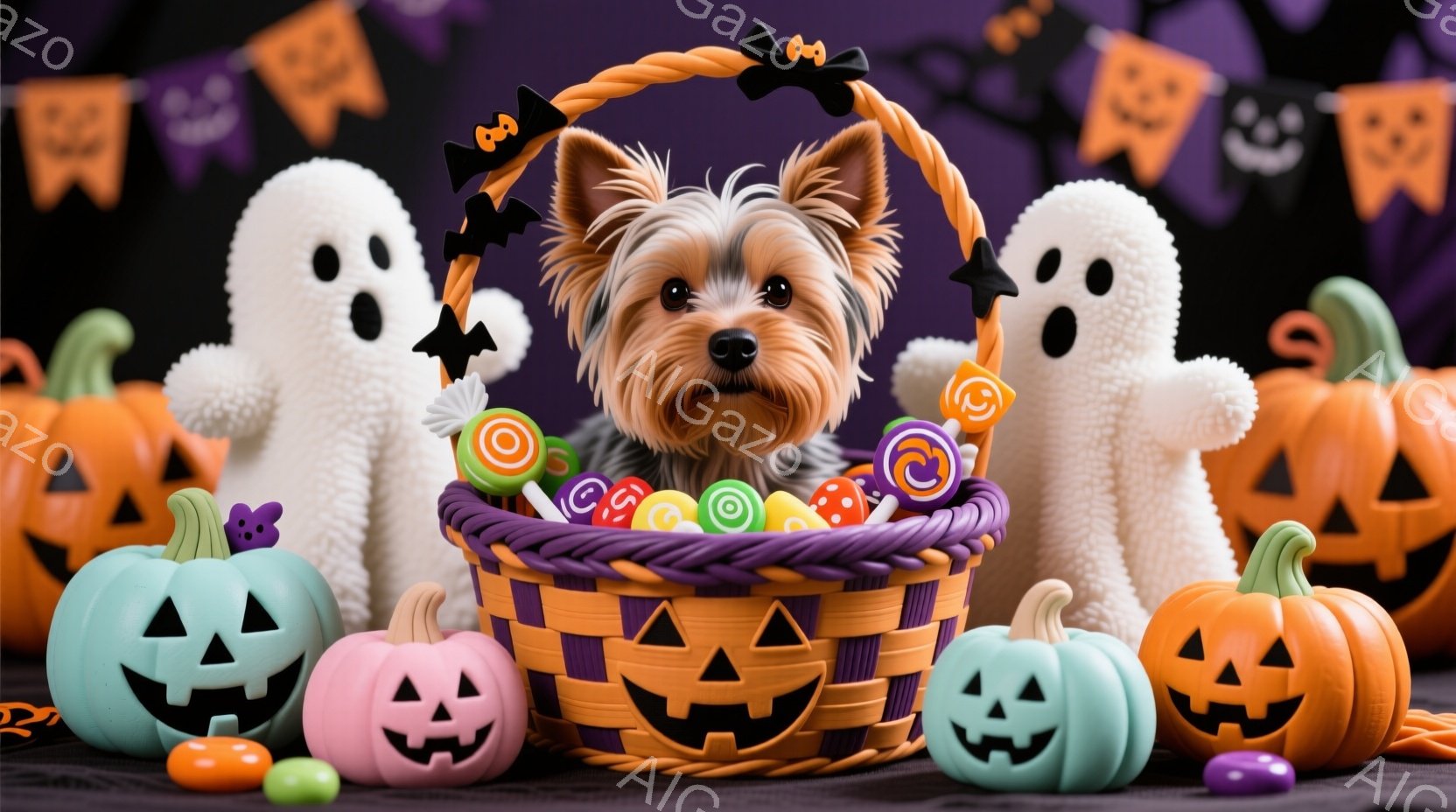 ハロウィーンをテーマにした可愛らしい写真です。ヨークシャーテリアが紫とオレンジのストライプのバスケットに座り、キャンディーに囲まれています。背景には、ハロウィーンの幽霊とジャック・オー・ランタンが配置 - AI生成フリー素材