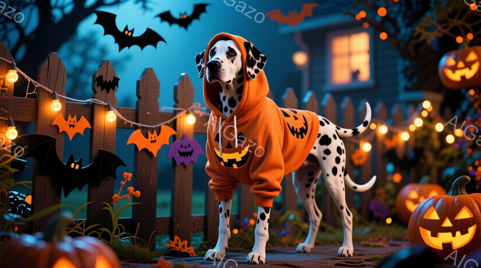 白い斑点模様のダルメシアンが、ハロウィーンのオレンジ色のカボチャ柄のパーカーを着て立っています。背景には、切り抜かれたカボチャの飾りとオレンジ色のライトで飾られた木製の柵があり、遠くには暗い家が見えま - AI生成フリー素材