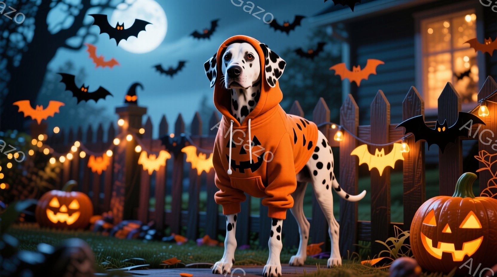 白地に黒い斑点模様のダルメシアンが、ハロウィーンをテーマにしたオレンジ色のパーカーを着て、正面を向いて立っています。背景には、ジャック・オー・ランタンやコウモリが散りばめられ、夜の住宅が薄暗い光で照ら - AI生成フリー素材