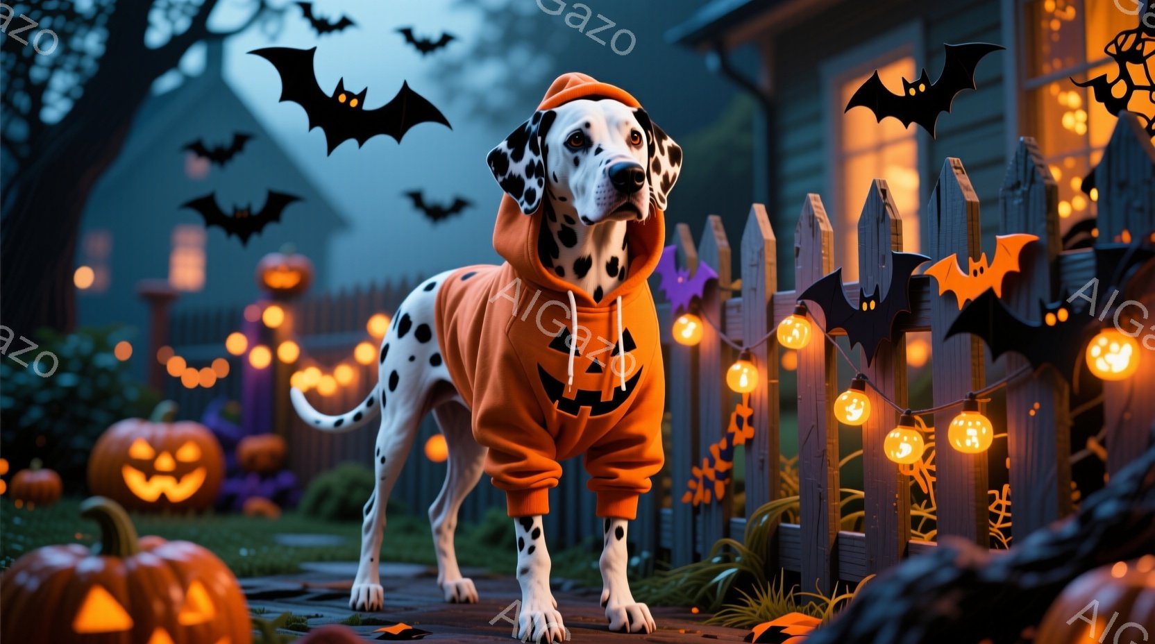 白地に黒い斑点模様のダルメシアン犬が、ハロウィーンをテーマにしたオレンジ色のパーカーとズボン姿で正面を向いている。背景には、木々やハロウィーンの装飾が施されたフェンス、そして薄暗い空が広がり、全体的にハロウィーンの雰囲気を感じさせる。犬はリラックスした姿勢で、ハロウィーンパーティーを楽しむ様子が伺える。