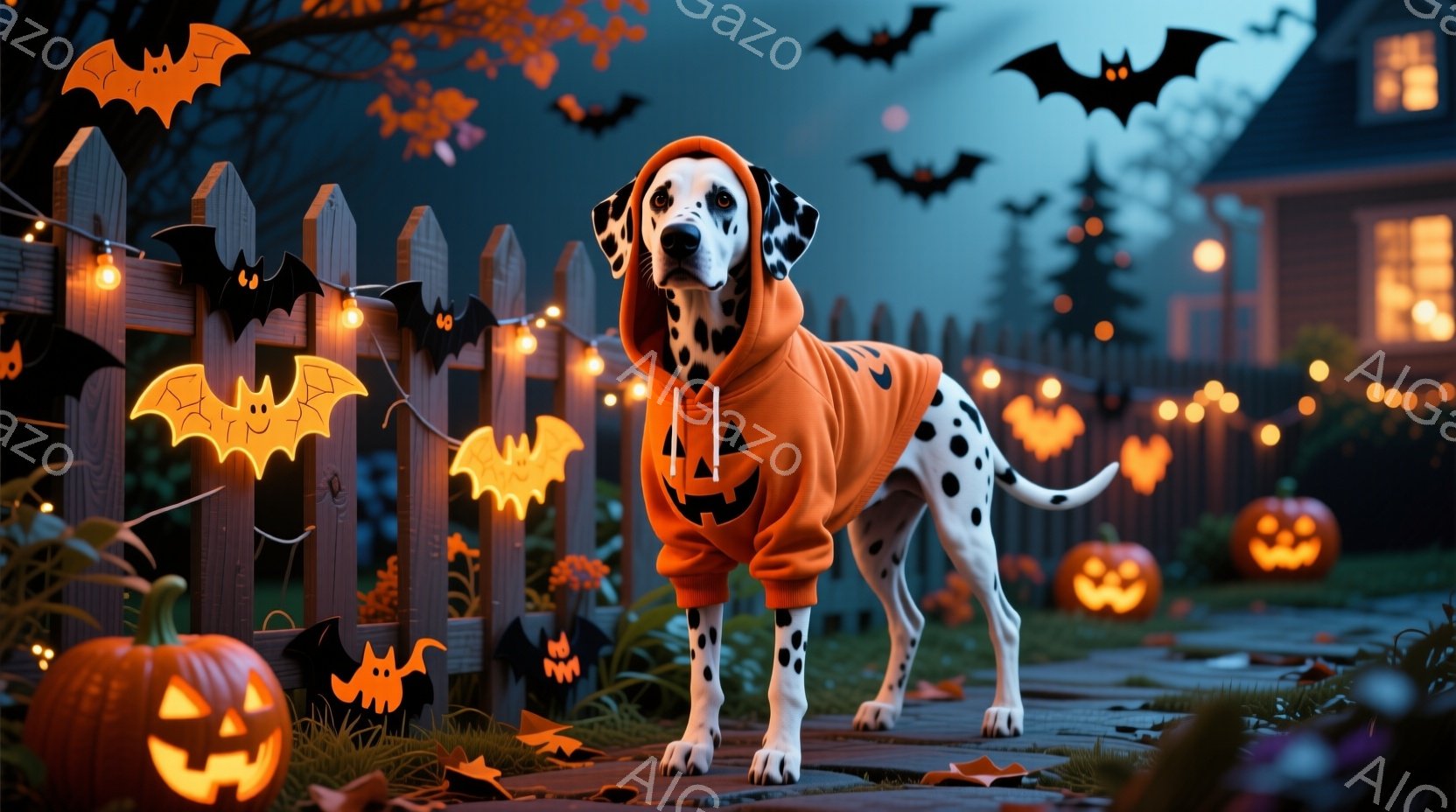 白地に黒い斑点模様のダルメシアンが、ハロウィーンをテーマにしたオレンジ色のパーカーを着て立っています。背景には、照らされたカボチャやコウモリの飾り、そしてライトアップされた家が見え、秋の夜のハロウィー - AI生成フリー素材