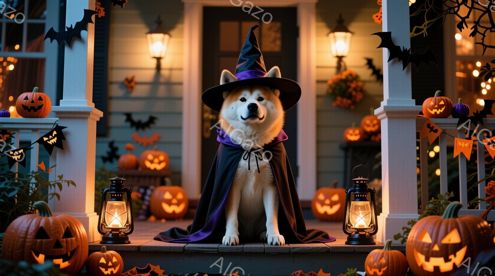 ハロウィーンの飾り付けがされた家のポーチに、ケープと魔女帽子を身につけた柴犬が座っています。犬は正面を見つめ、穏やかな表情を浮かべており、周囲にはジャック・オー・ランタンや提灯が置かれ、ハロウィーンらしい雰囲気を作り出しています。背景は木造の家で、飾り付けが施されたポーチと庭が、秋の夜の暖かく幻想的な雰囲気を醸し出しています。