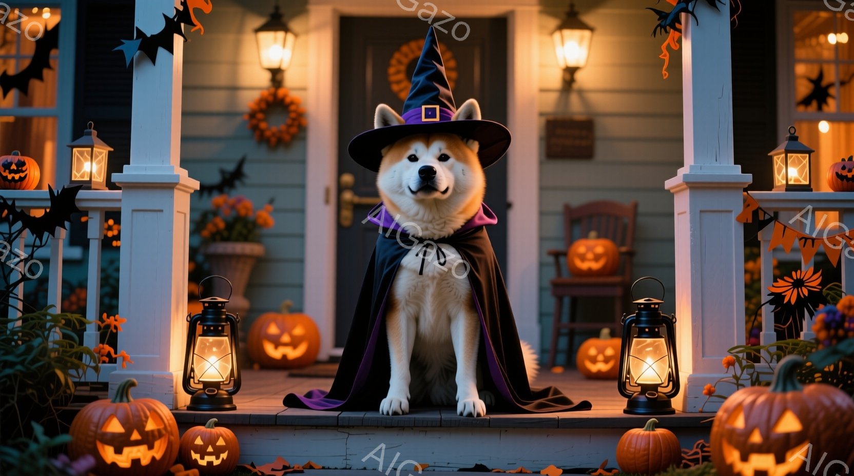 白い毛並みの犬が、ハロウィーン用の黒いマントと先のとがった帽子を身につけ、家の玄関の階段に座っています。背景には、カボチャのランタンやハロウィーンの飾り付けが施され、温かみのある光が放たれています。全体的に、秋の夜のハロウィーンの雰囲気が漂う、可愛らしい光景です。