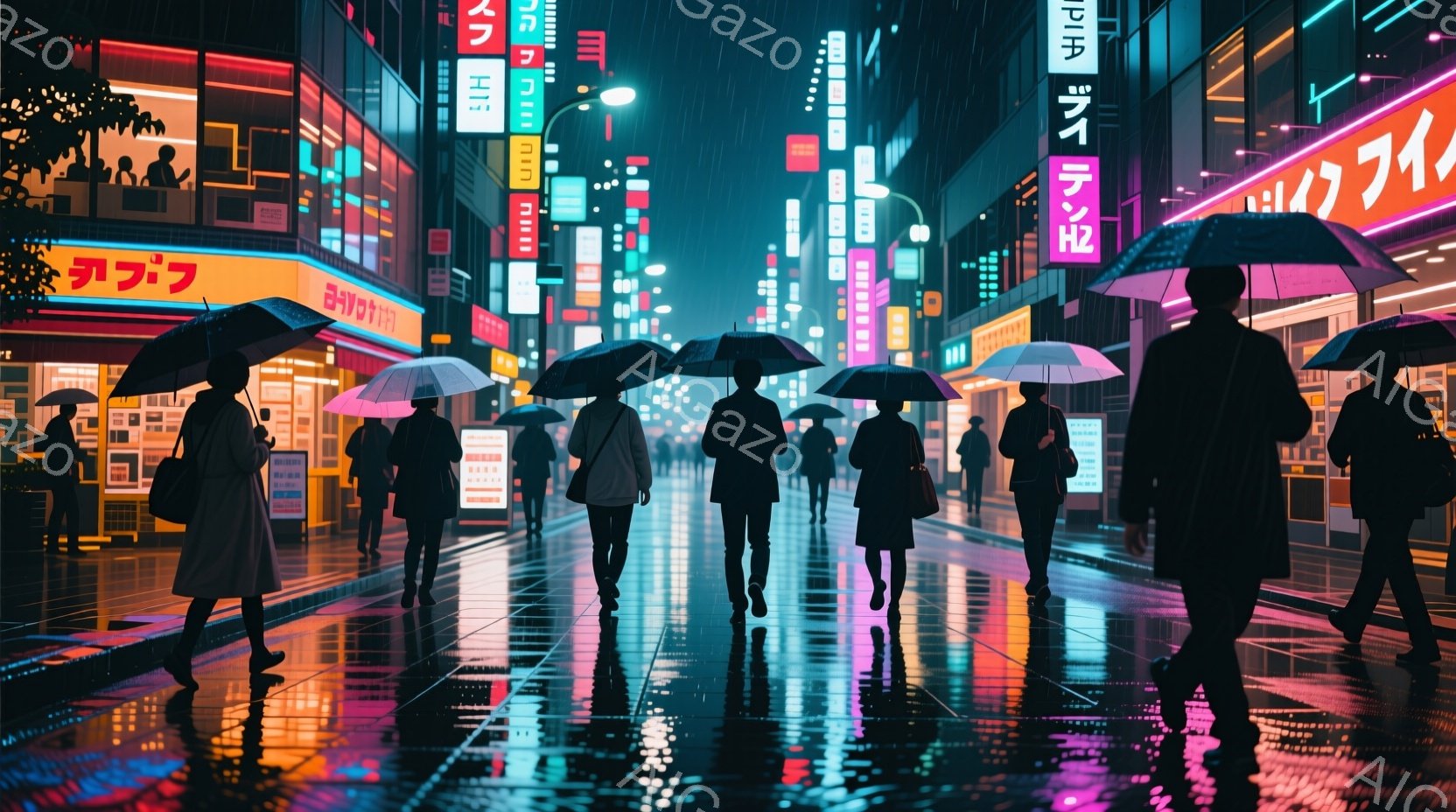 雨の夜、多くの人々が傘をさして歩いている。彼らは黒いコートを着ており、背景にはネオンサインが輝く高層ビル群が立ち並び、濡れた路面に光が反射している。全体的に、都会的で少し寂しげな雰囲気が漂っている。 - AI生成フリー素材