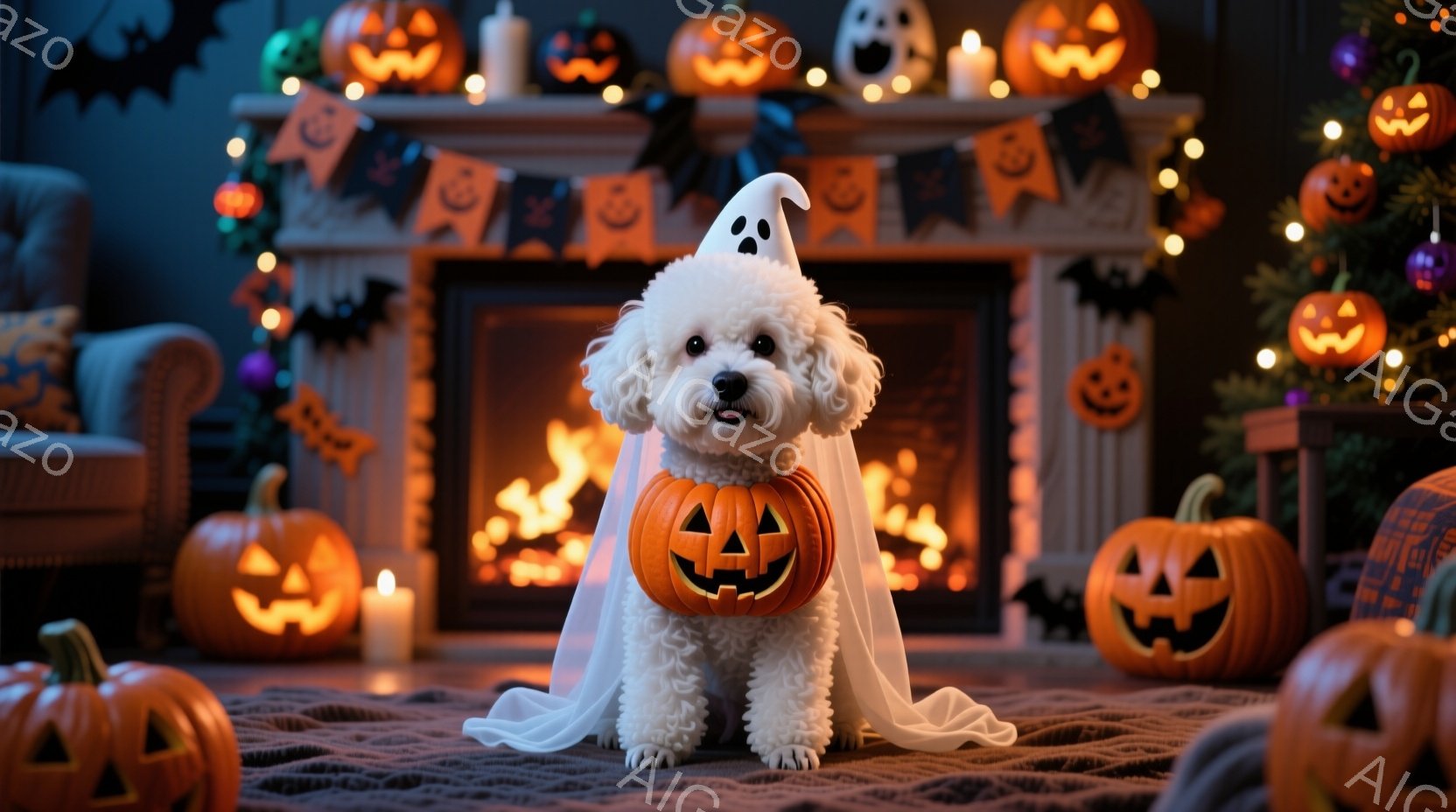 白い巻き毛の犬が、ハロウィーンの衣装であるカボチャの形をしたライトと白い幽霊の衣装を着ています。犬は正面を向き、少し下を見つめており、リラックスした姿勢で座っています。背景には、たくさんのジャック・オ - AI生成フリー素材