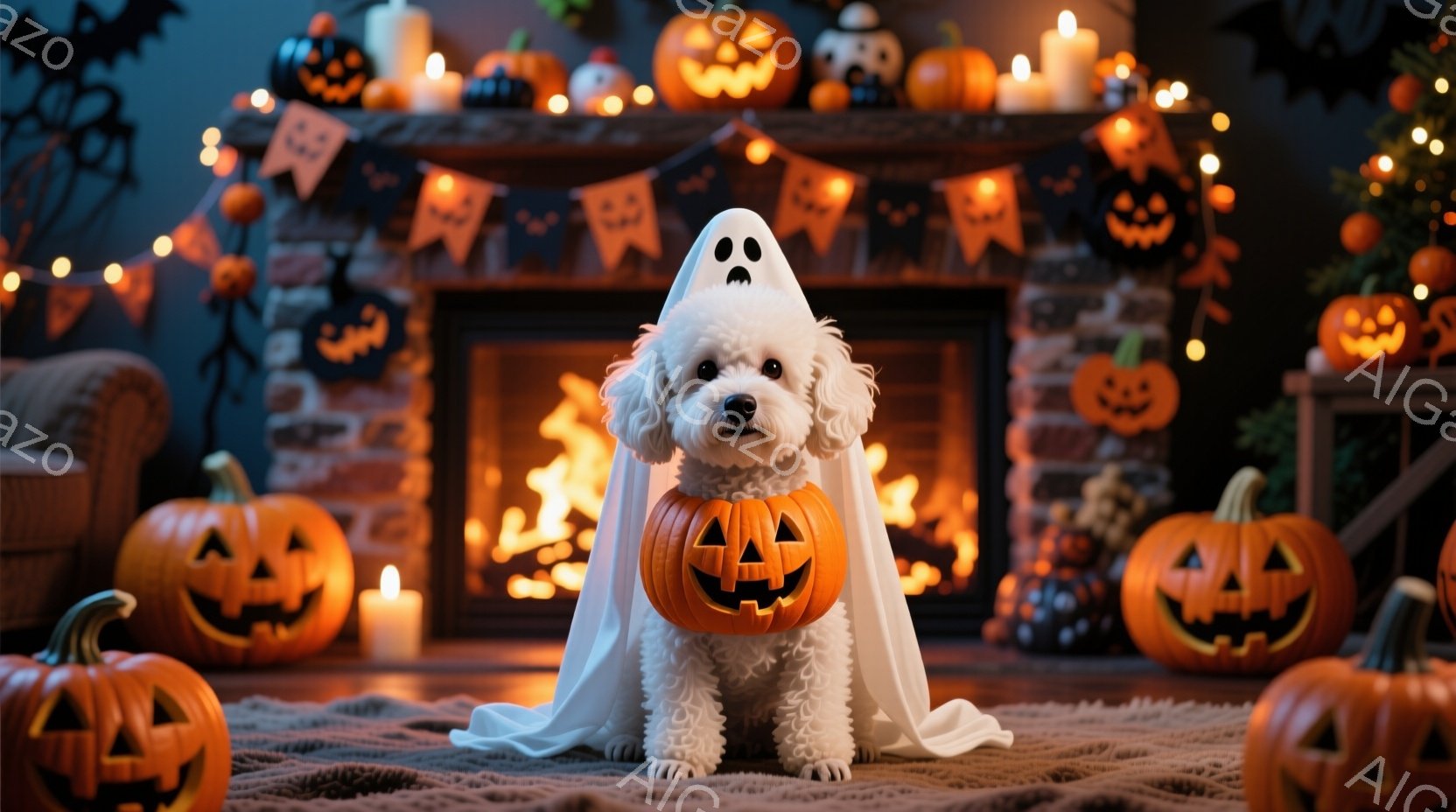 白いビション・フリーゼがハロウィーンの衣装を着て座っています。頭にはカボチャ型のランタンが飾られ、体に白い幽霊のような布が巻かれています。背景には、暖炉、カボチャ、ハロウィーンの装飾が置かれ、暖かくお - AI生成フリー素材