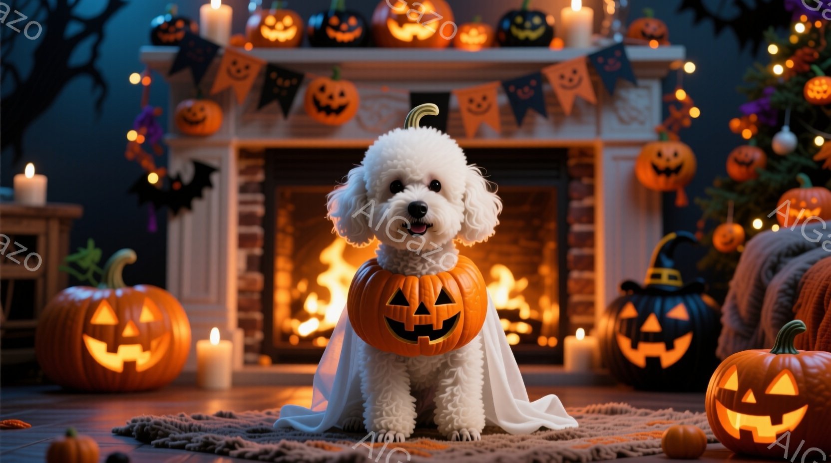 白い巻き毛の犬が、ハロウィーンの衣装であるカボチャの形をした装飾と白いマントを身につけて座っています。背景には、点灯したカボチャのランタン、ハロウィーンの旗、暖炉の火が見え、お祝いの雰囲気が漂っていま - AI生成フリー素材