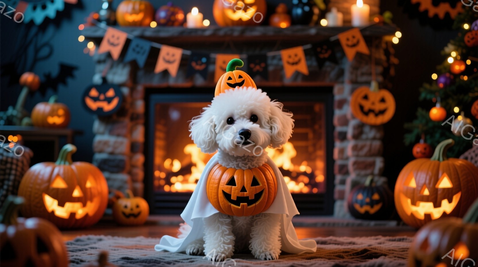 白い巻き毛の犬が、ハロウィーンのカボチャの衣装を着て、暖炉の前で座っています。カボチャの形をした胴体と、頭に小さなカボチャの帽子をかぶっており、まるでハロウィーンの妖精のようです。背景には、様々な大き - AI生成フリー素材