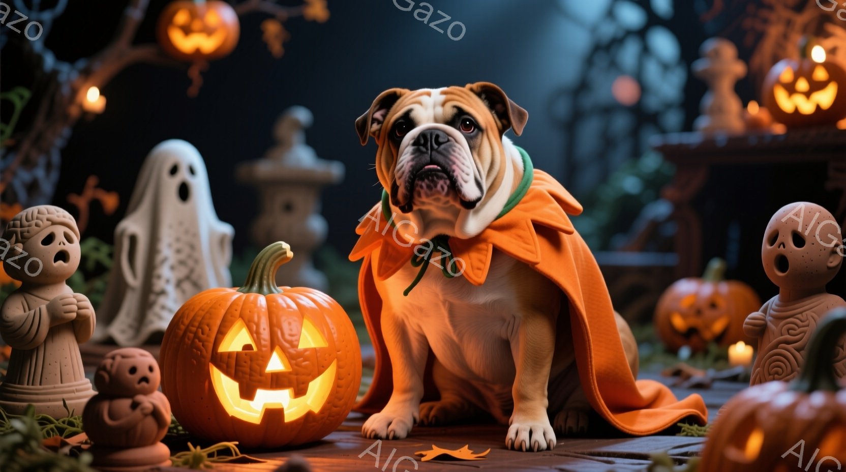 ハロウィーンをテーマにした画像で、ブルドッグがオレンジ色のマントを羽織り、彫刻されたジャック・オー・ランタンの前に座っています。背景には、ほくろのような小さな彫像や、ほのかに光るカボチャのランタンが並び、薄暗く不気味な雰囲気を醸し出しています。落ち葉が少し散らばっていることで、秋の季節感も感じられます。