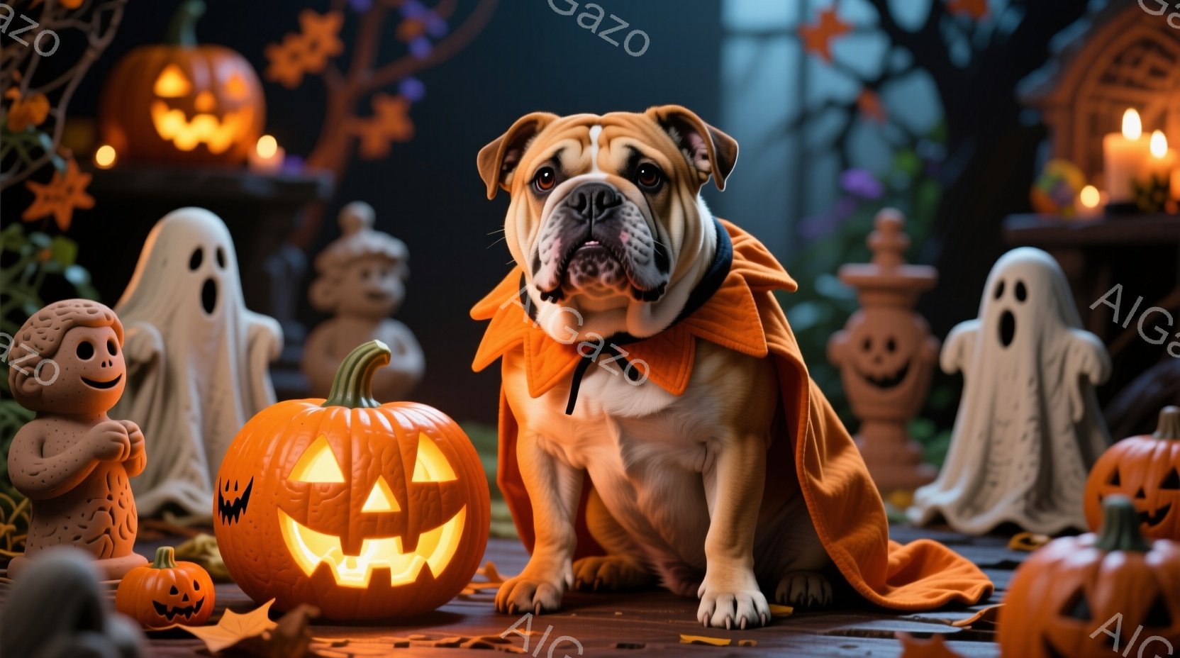 ブルドッグがハロウィーンの衣装であるオレンジ色のマントを羽織り、彫刻されたジャック・オー・ランタンに囲まれて座っています。その表情は少し無表情ですが、可愛らしい姿で周囲のハロウィーンの装飾と調和してい - AI生成フリー素材