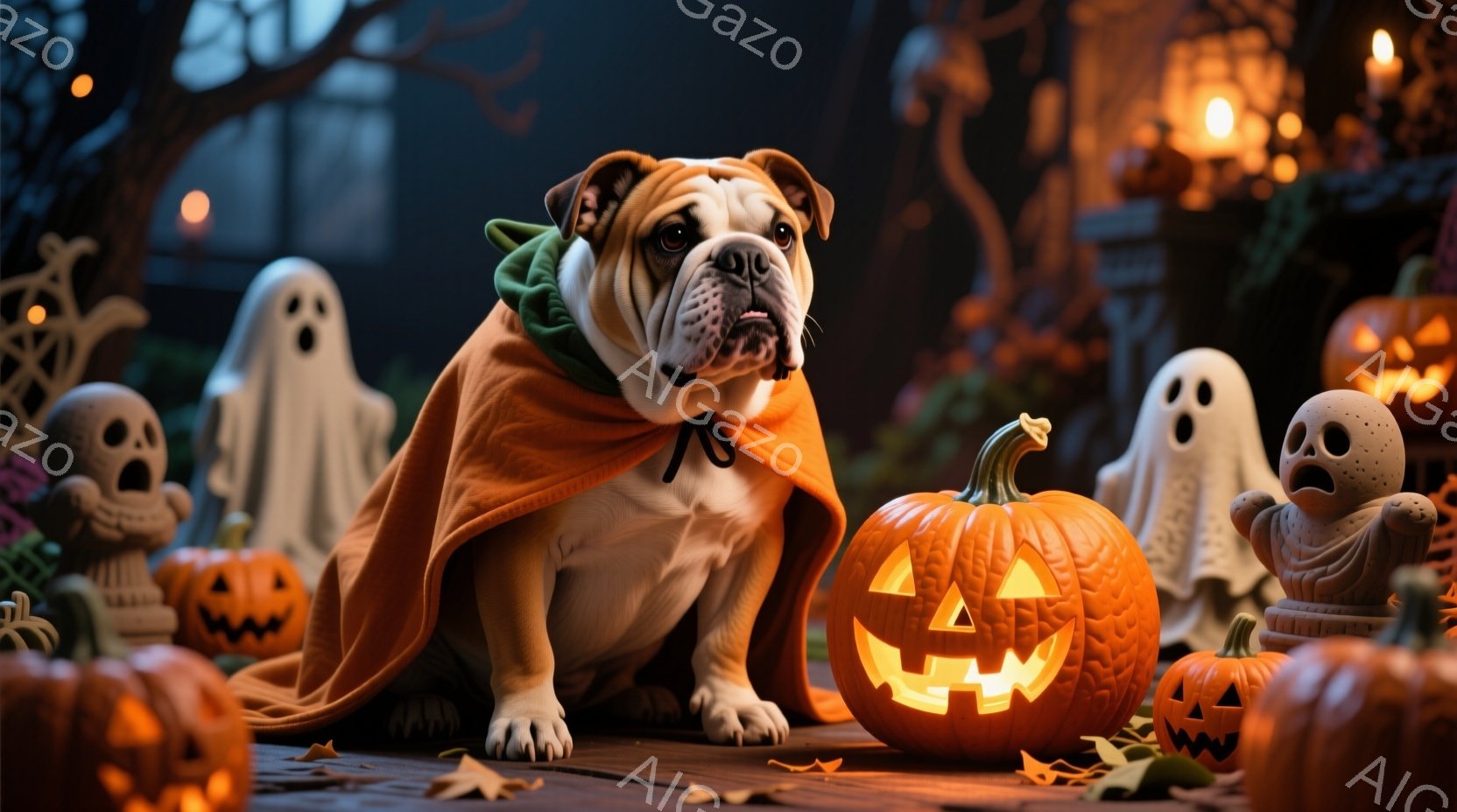 堂々とした表情のブルドッグが、オレンジ色のマントを羽織って座っています。周囲には、さまざまな大きさのジャック・オー・ランタンや幽霊の置物が配置され、秋らしい枯葉が散らばっています。背景は暗く、ぼんやりとした建物のシルエットが見え、ハロウィーンの夜の神秘的な雰囲気を醸し出しています。