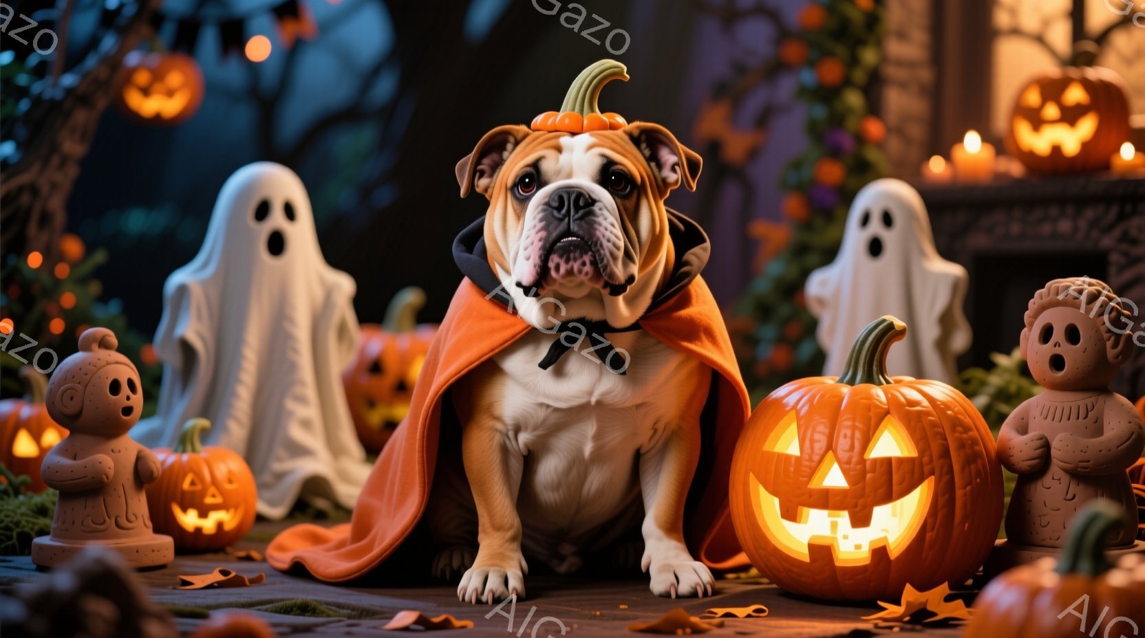 ブルドッグがハロウィーンの衣装を着て座っています。オレンジ色のマントと黒いリボンが特徴的で、少し困ったような表情をしています。背景には、ジャック・オー・ランタン、お化け、その他のハロウィーンの装飾が並び、お祝いムードを盛り上げています。