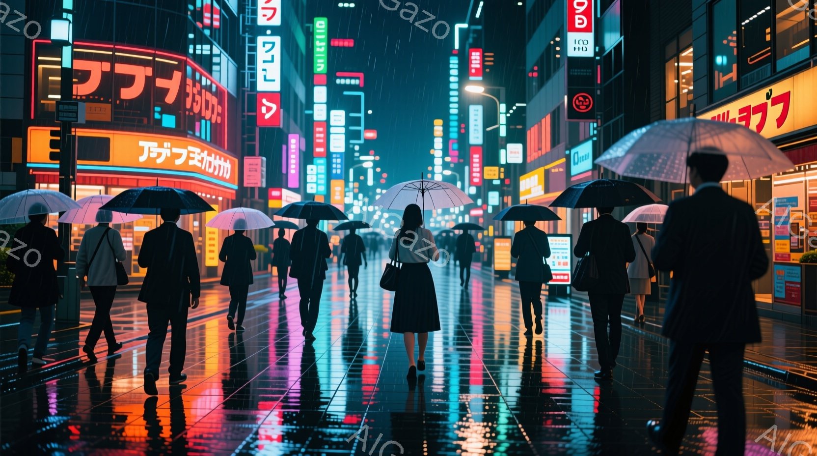 雨の夜、多くの人々が傘をさして歩いている。彼らは皆、暗い色のビジネススーツを着ており、表情ははっきり見えないが、忙しげな様子が窺える。背景にはネオンサインが輝く高層ビル群が立ち並び、雨に濡れた路面に光 - AI生成フリー素材