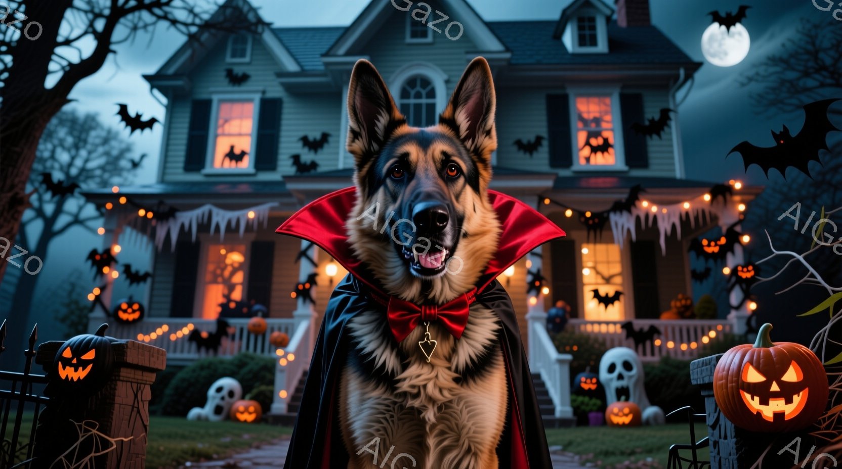 ハロウィーンの夜を舞台に、黒いマントと赤いリボンタイを身につけたジャーマンシェパードがカメラを見つめている。背景には、カボチャランタンや幽霊の飾り付けが施された、不気味な屋敷がライトアップされており、夜空には満月が輝いている。全体的に、ユーモラスで楽しいハロウィーンの雰囲気が漂っている。
