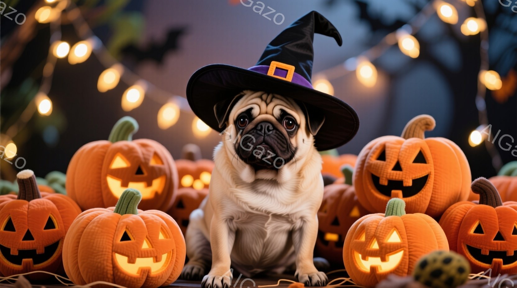浅黄色のパグが、ハロウィーンらしい黒い魔女帽子を被って座っています。周囲には、ジャック・オー・ランタンが所狭しと並び、ハロウィーンの雰囲気を盛り上げています。背景には、ぼんやりと光る電球と、何本かの蜘蛛の巣が見られ、全体的に温かく、遊び心のあるハロウィーンの光景が広がっています。